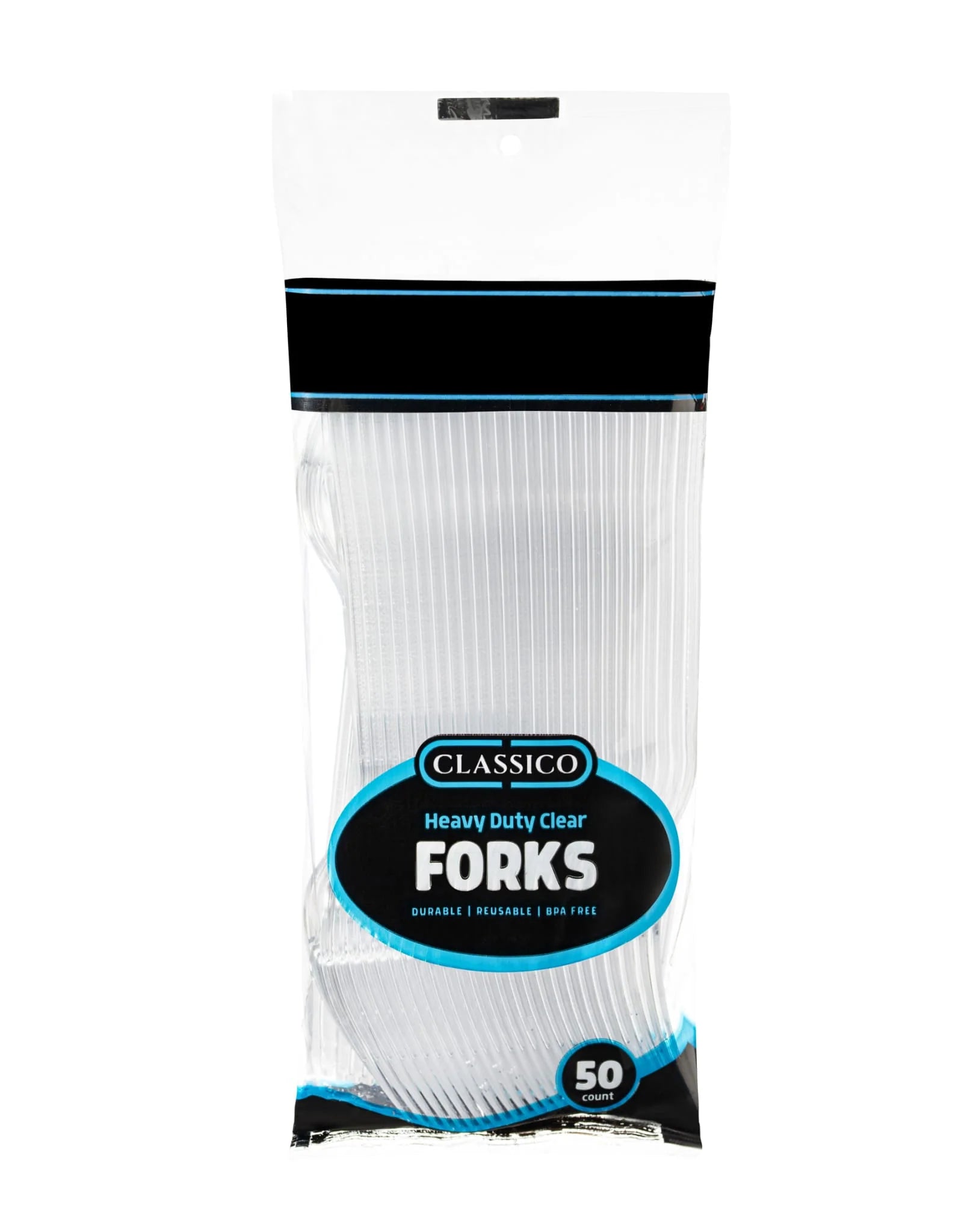 Classico Collection Clear Plastic Flatware Set - 50 Pack Disposable Cutlery for Parties, Picnics, and Catering Events - Fork, Knife, Spoon Combo