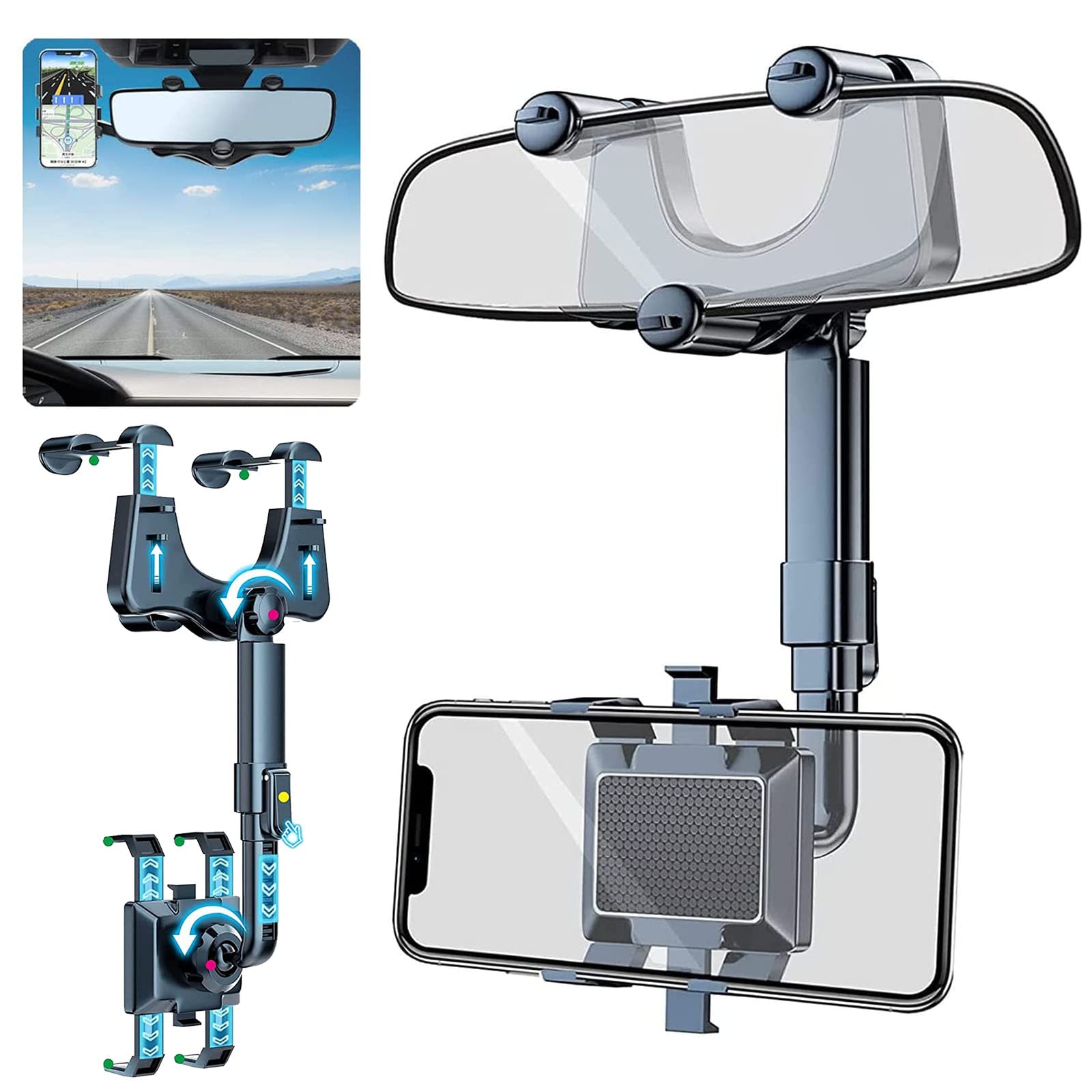 Rotatable and Retractable Rearview Mirror Phone Holder for Car - Secure Car Phone Mount with 360° Adjustable View, Perfect for GPS Navigation and Hands-Free Driving