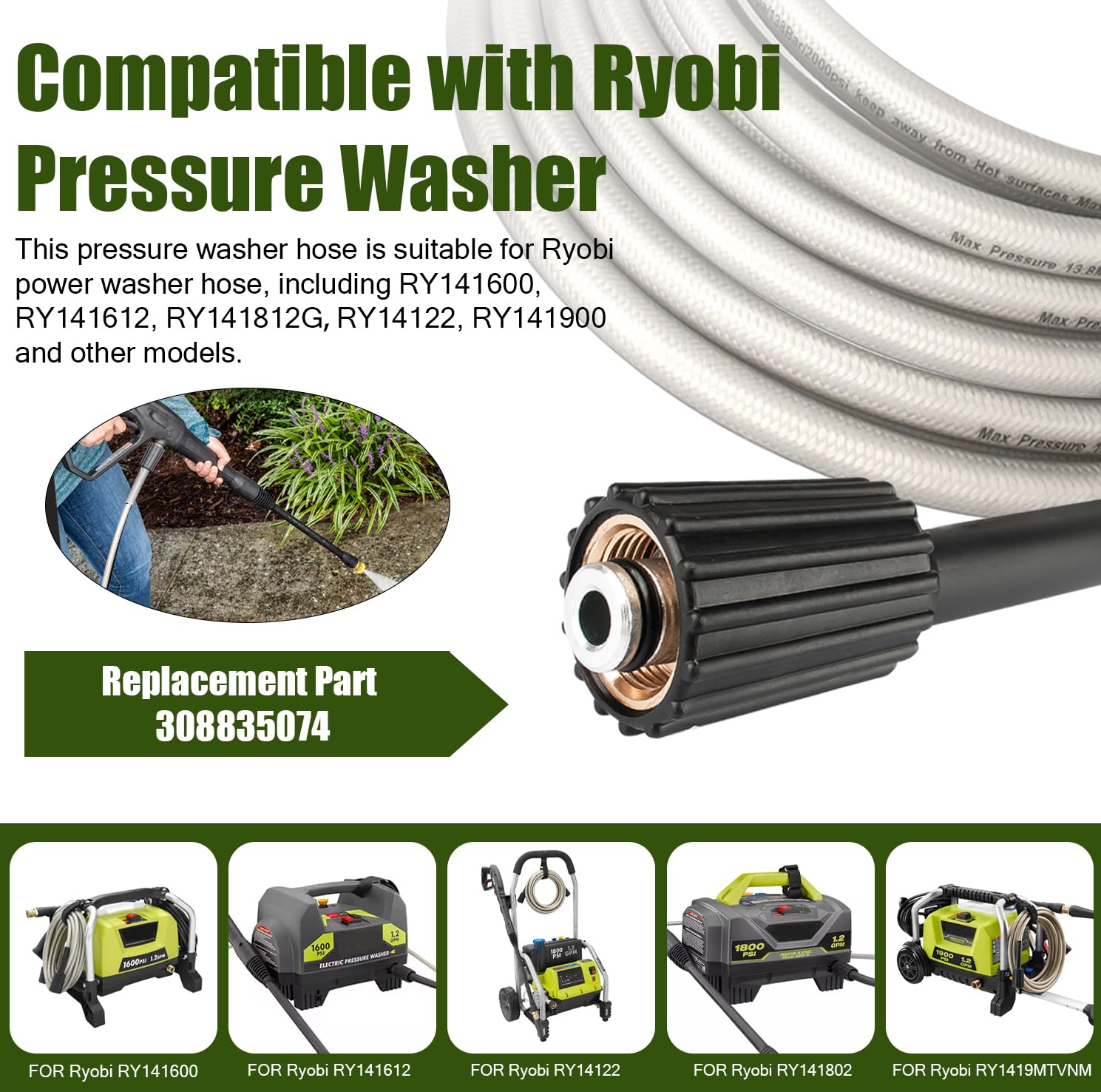 Ryobi Power Washer Replacement Hose - Compatible with RY141600, RY141612, RY141812G Models (Part #308835074) - High Pressure Washer Hose for Home Cleaning, Driveway Washing & Outdoor Surface Maintenance