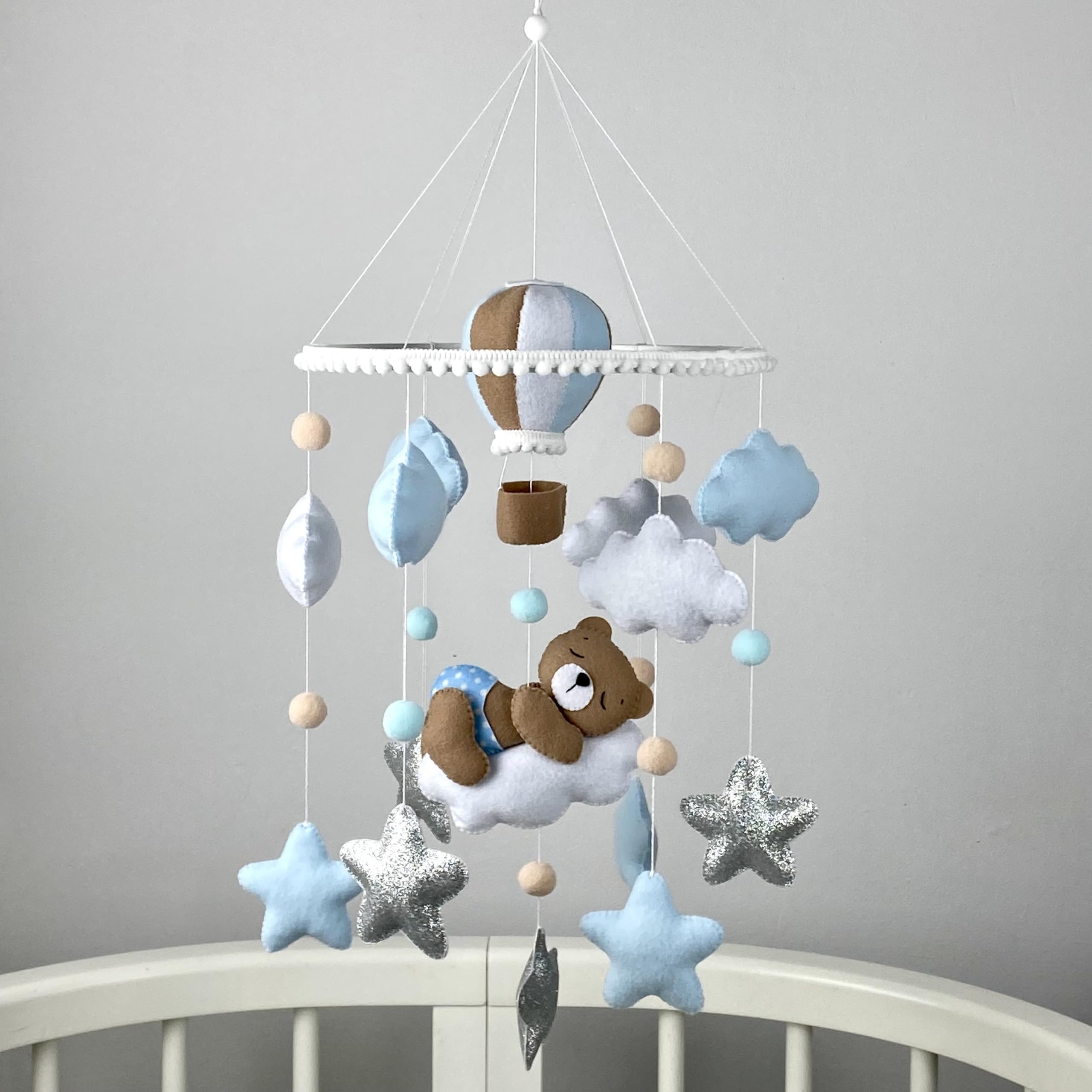 Teddy Bear Crib Mobile for Baby Boys - Blue Hot Air Balloon Nursery Decor, Felt Hanging Mobile for Newborns - Perfect Baby Shower Gift & Nursery Decoration for Expecting Moms