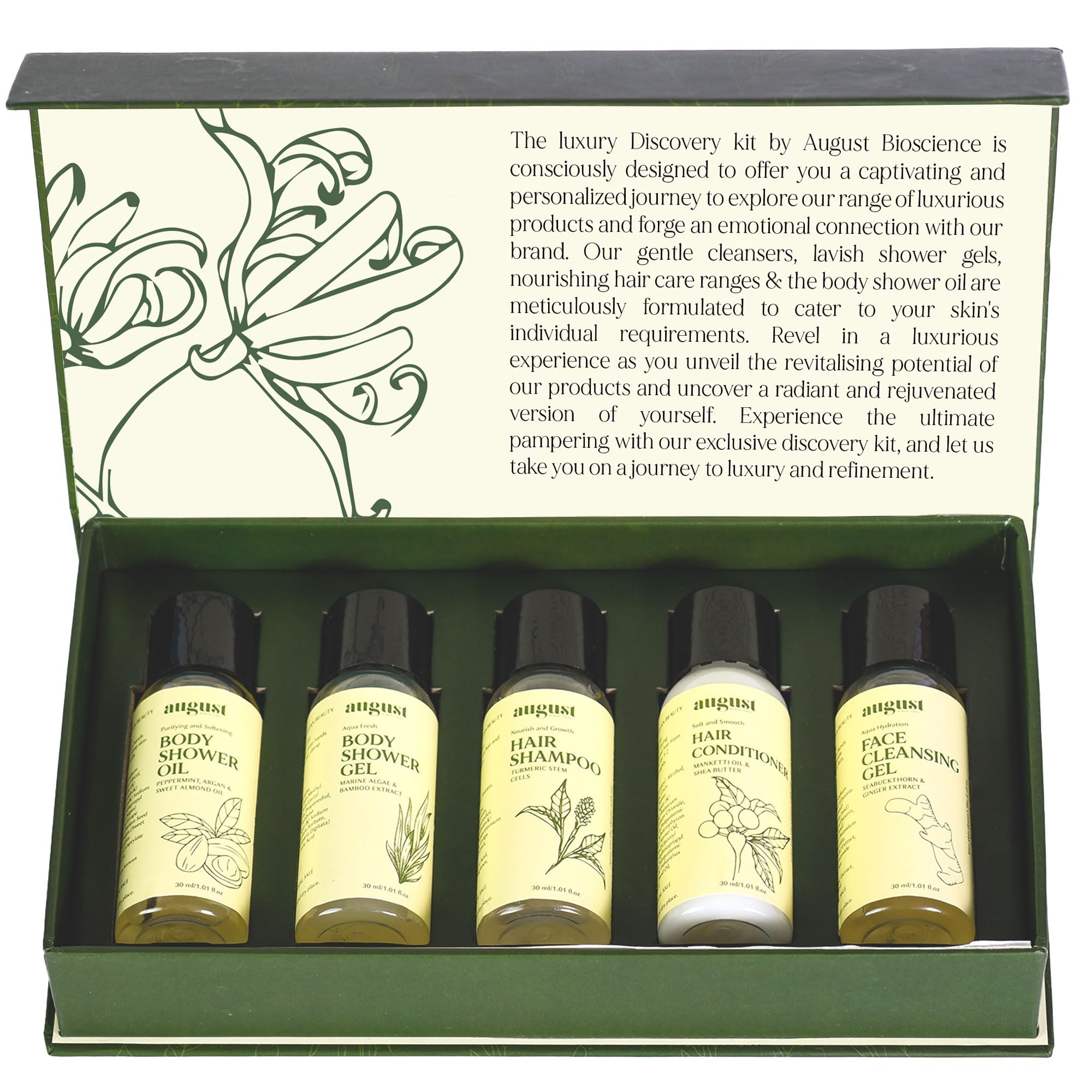 **August Bioscience Purifying Body Wash & Grooming Kit - Turmeric Shampoo, Face Cleansing Gel, Hair Conditioner & Aqua Shower Gel for All Skin Types | 5-Piece Gift Set for Men & Women | Perfect for Daily Skincare & Travel Essentials**