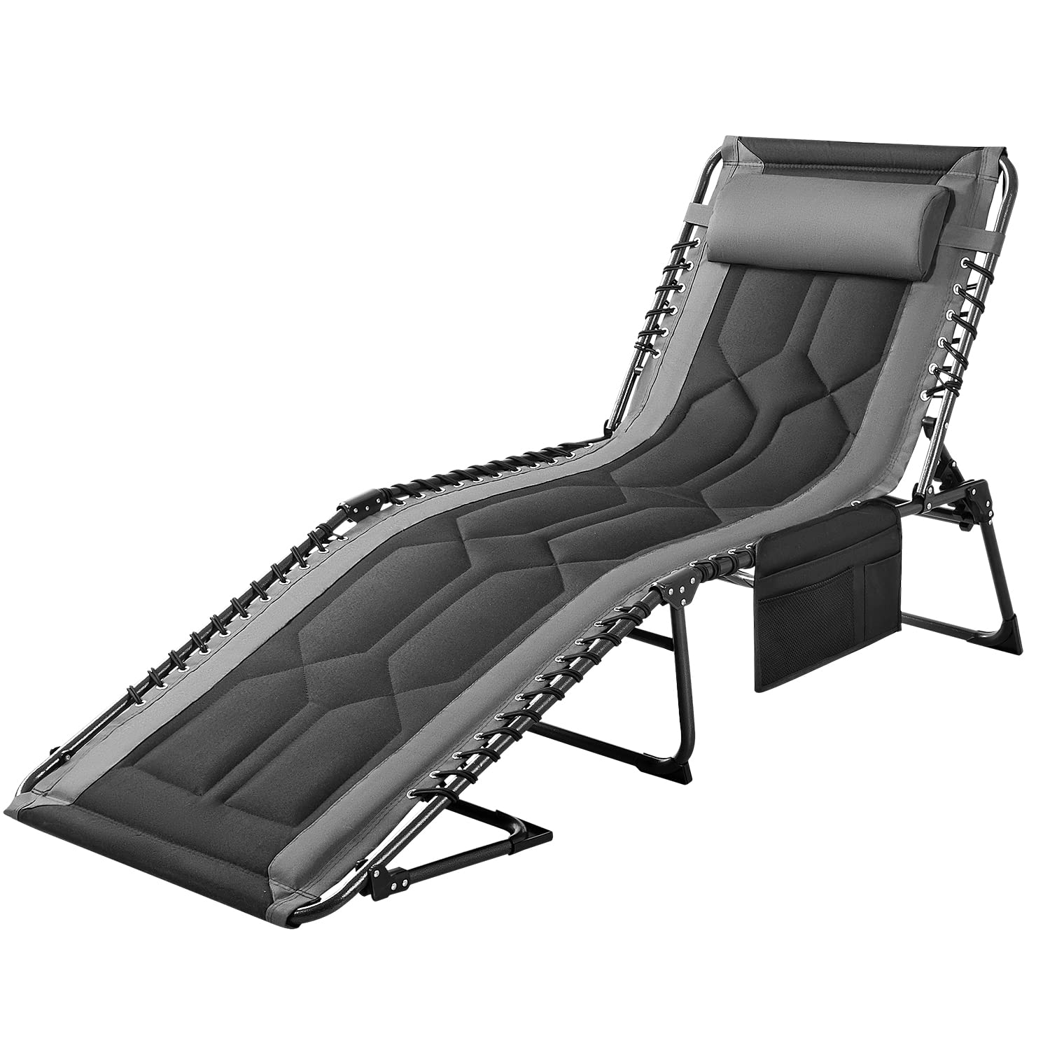 Flamaker Folding Chaise Lounge Chair - 4-Position Adjustable Outdoor Recliner with Pillow & Side Bag - Lightweight Portable Camping Chair for Pool, Beach, Deck, Patio, Backyard & Sunbathing (Grey)