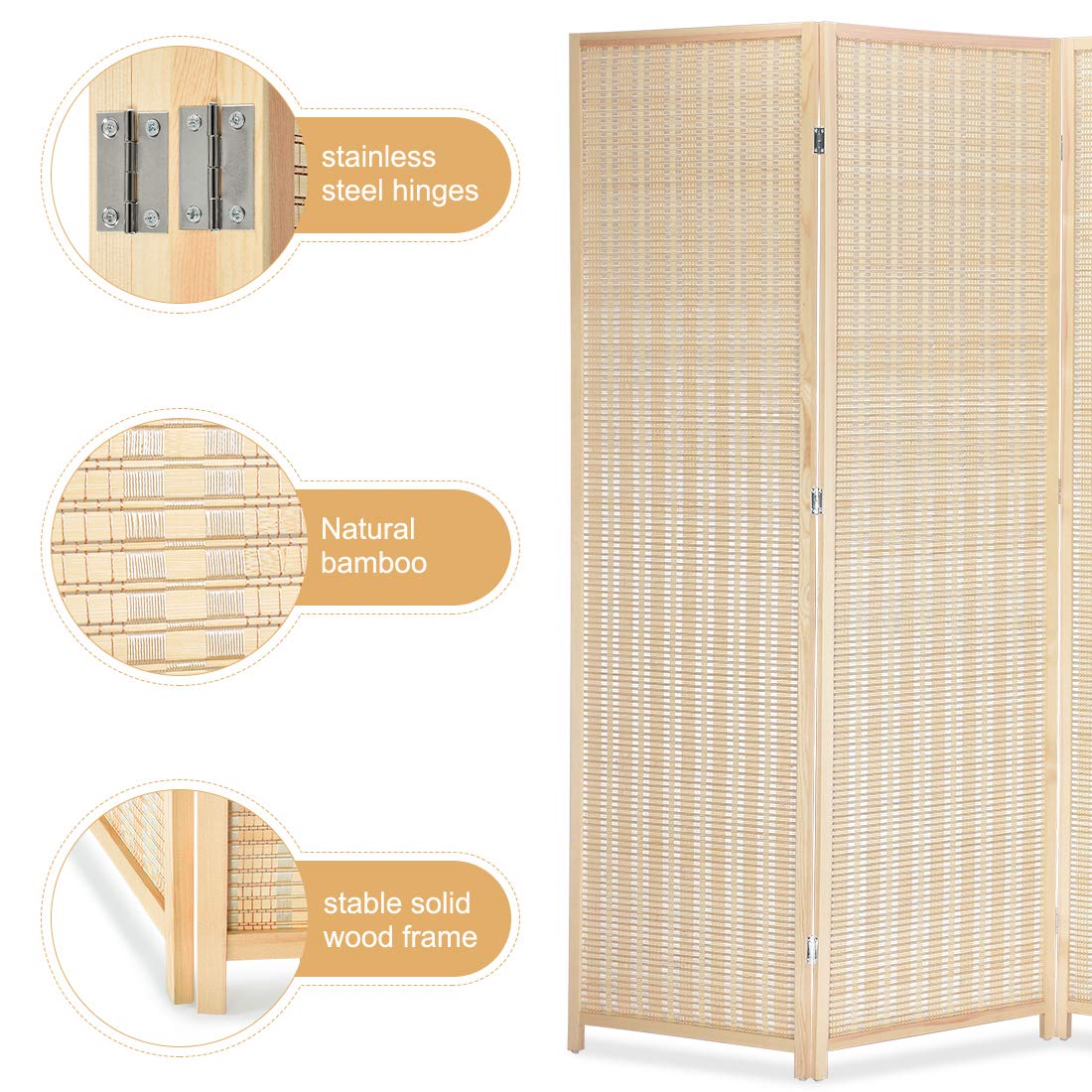 6 Panel Bamboo Room Divider Privacy Screen - Natural Freestanding Folding Partition for Home Office, Bedroom & Living Room - Beige