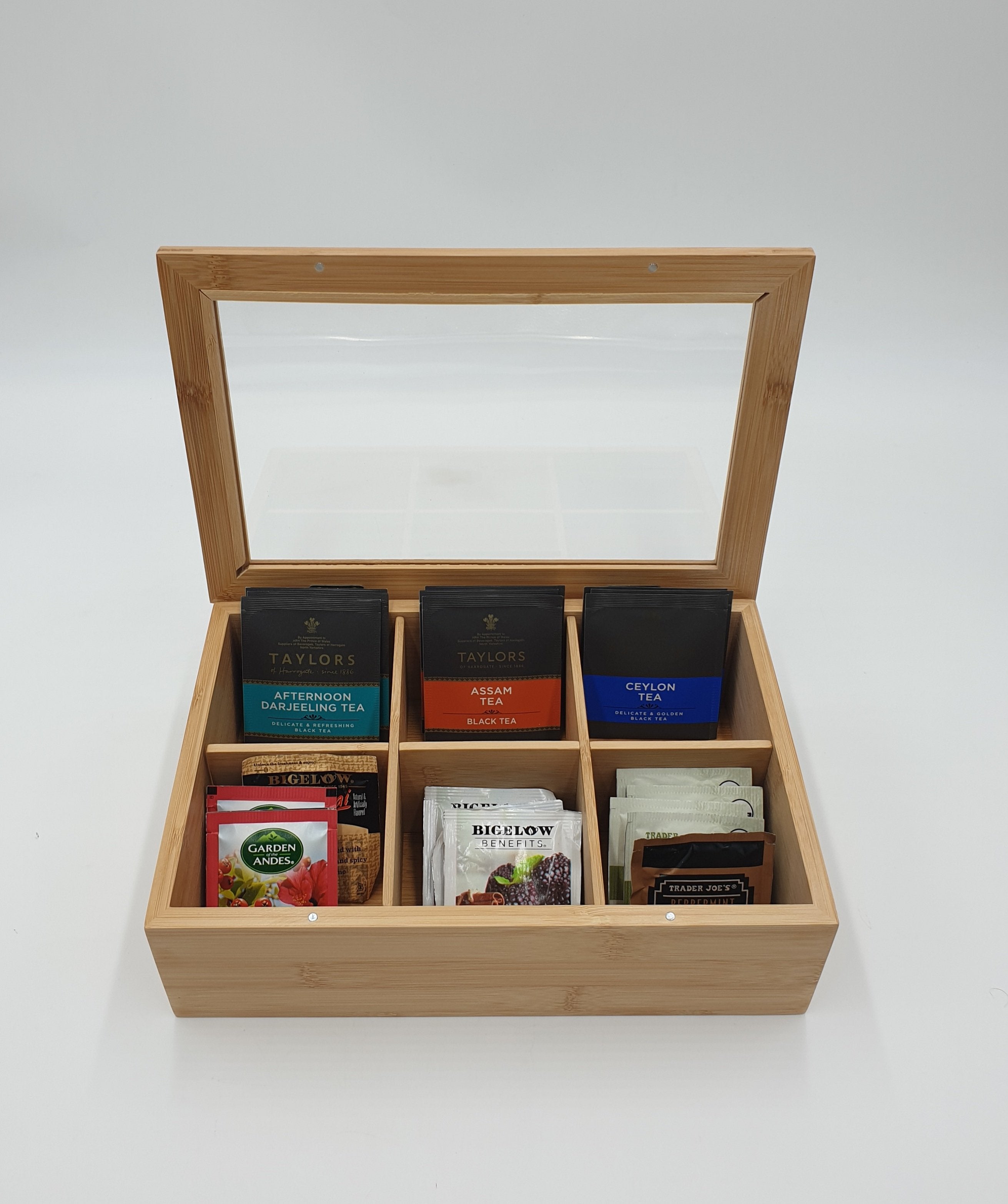 12x8 Inch Wooden Tea Bag Storage Box - Rectangular Tea Chest for Organizing & Displaying Tea Bags in Kitchen, Pantry or Office