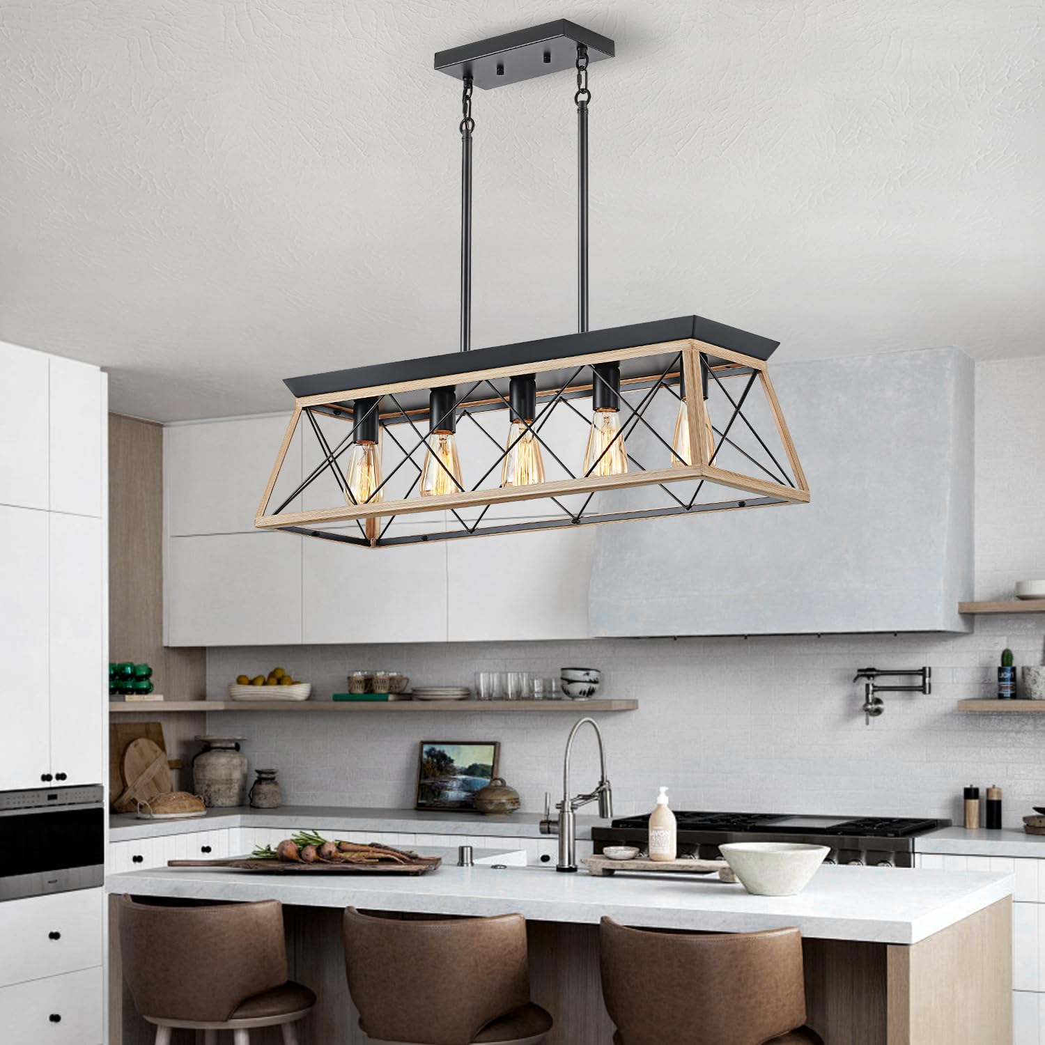 HuixuTe 5-Light Farmhouse Chandelier - Adjustable Height Rustic Wood Pendant Light for Kitchen Island & Dining Room Table | Perfect for Country Style Homes, Restaurants & Cabin Decor