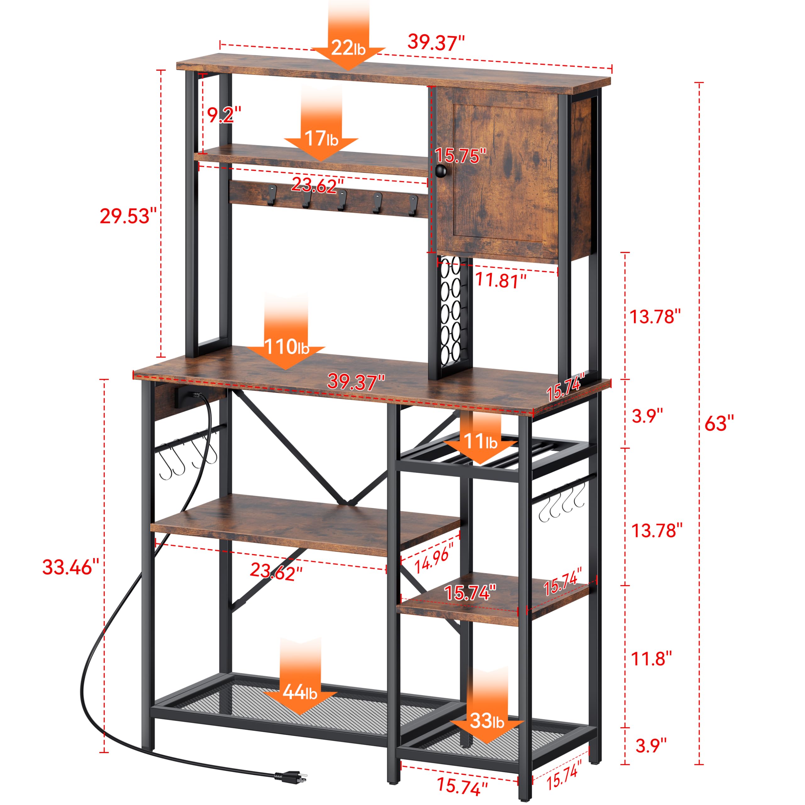 5-Tier Metal Bakers Rack with Power Outlet & Storage - Microwave Stand, Coffee Bar Organizer with K-Cup Holder, 39.37