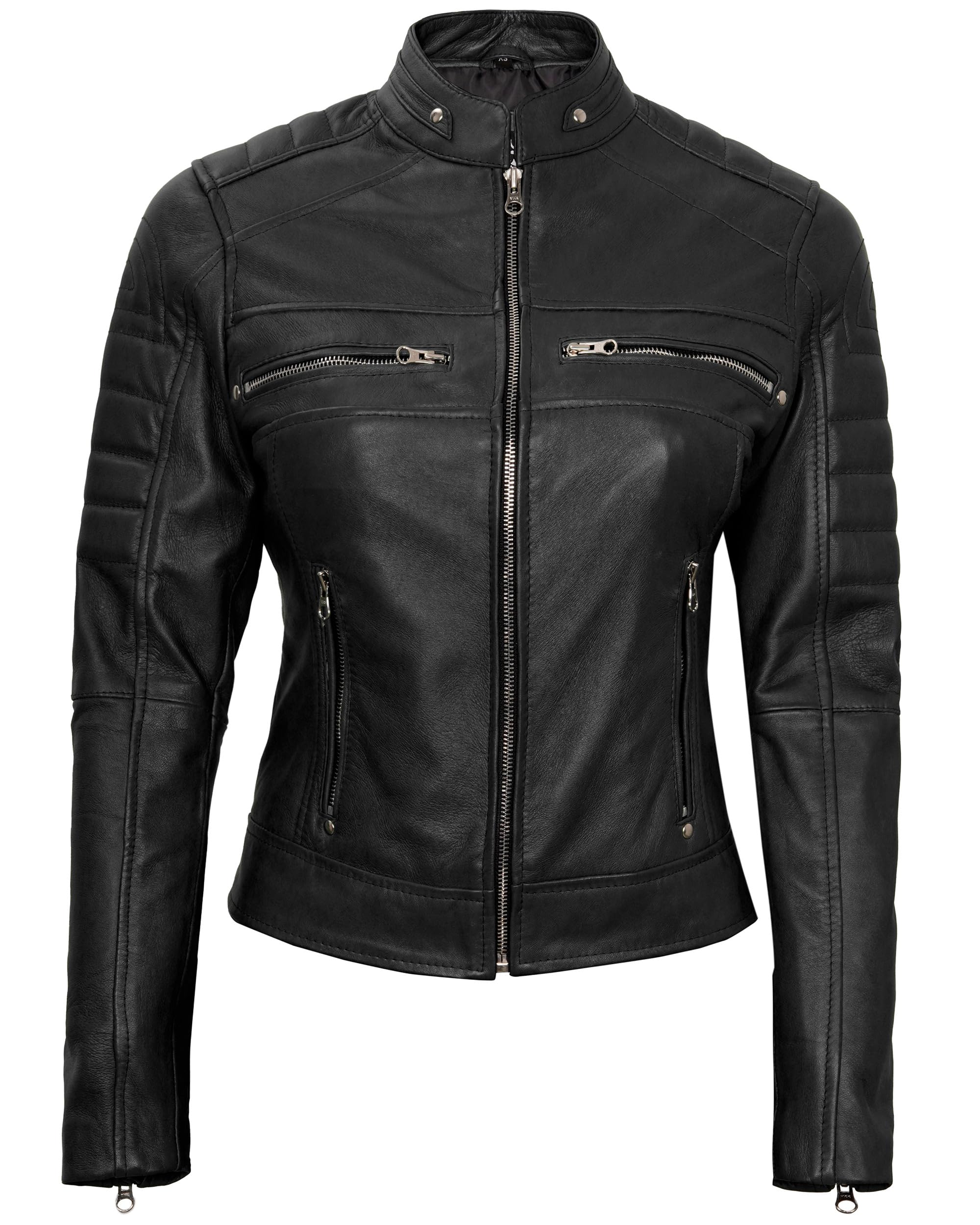 Genuine Leather Motorcycle Jacket for Women - Cafe Racer Style with Stand Collar, Natural Grain, Premium Biker Jacket for Riding & Casual Wear