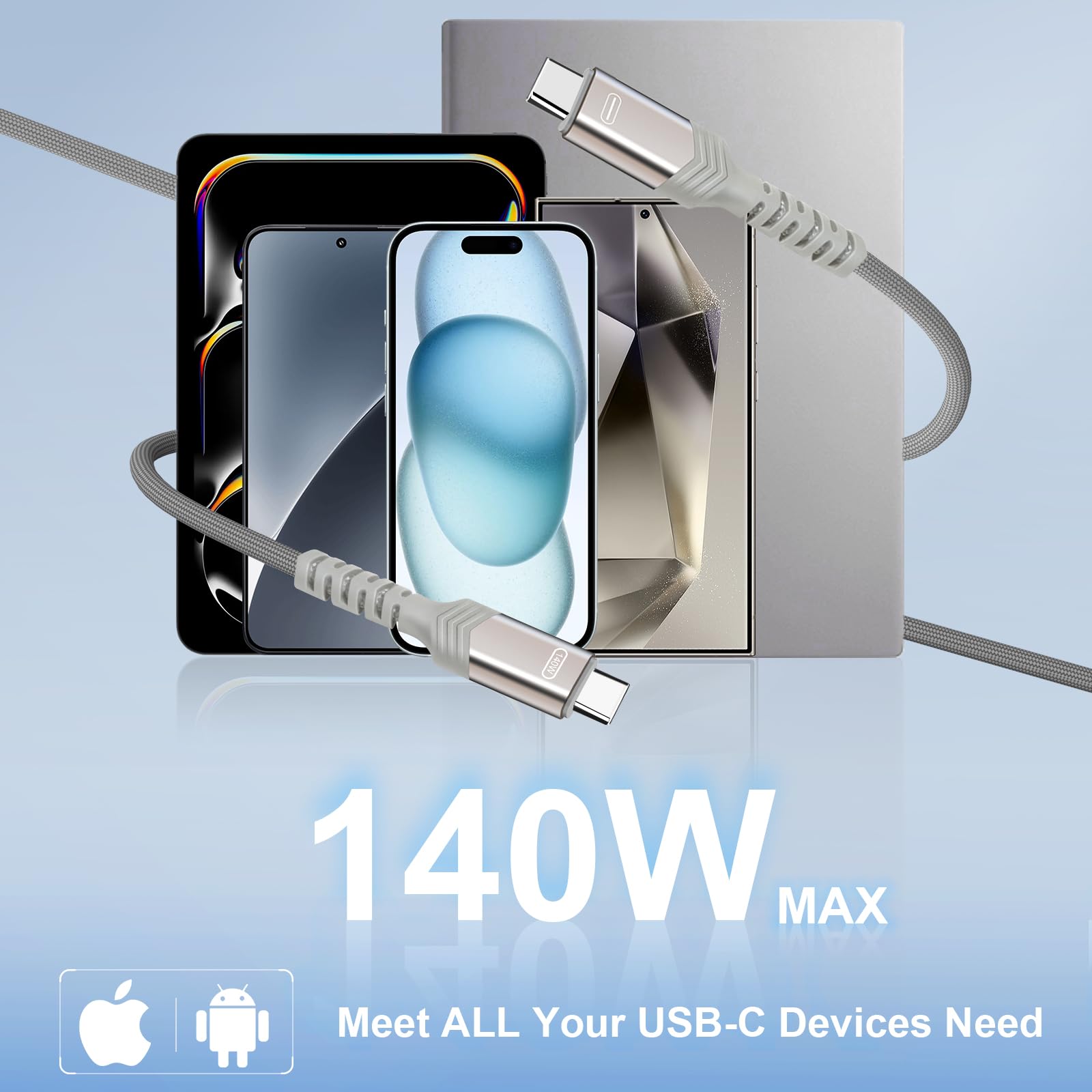 2-in-1 USB C Cable 140W Fast Charging - Compatible with iPhone 16/15 Series, MacBook, iPad, Samsung Galaxy - Braided USB C to USB C Charger Cord - Perfect for Travel, Home & Office Charging