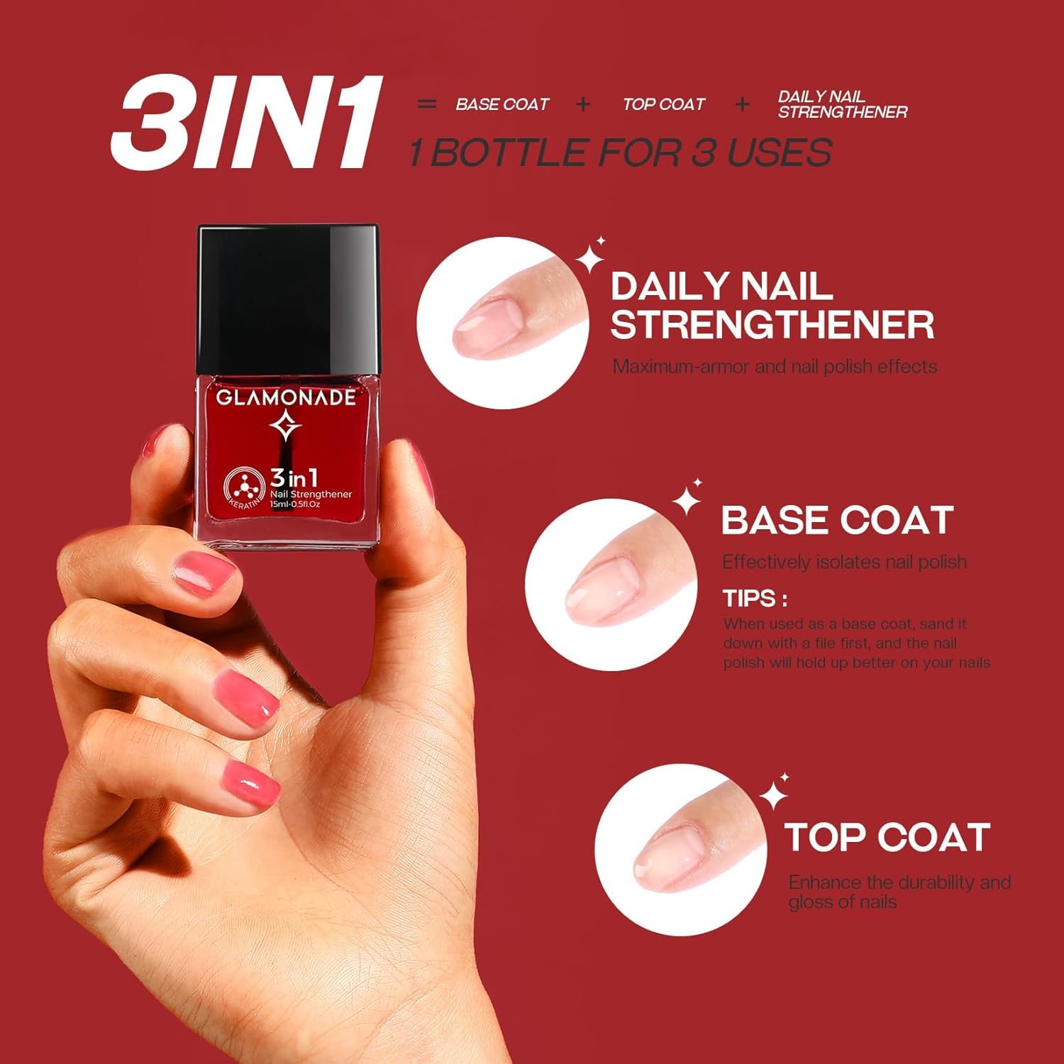 3 in 1 Nail Strengthener & Growth Hardener - Repair Damaged Thin Nails with Quick Dry Base & Top Coat | 0.5 fl oz Nail Care Oil for Stronger, Healthier Nails | Perfect for Manicures, Nail Treatments & At-Home Nail Care