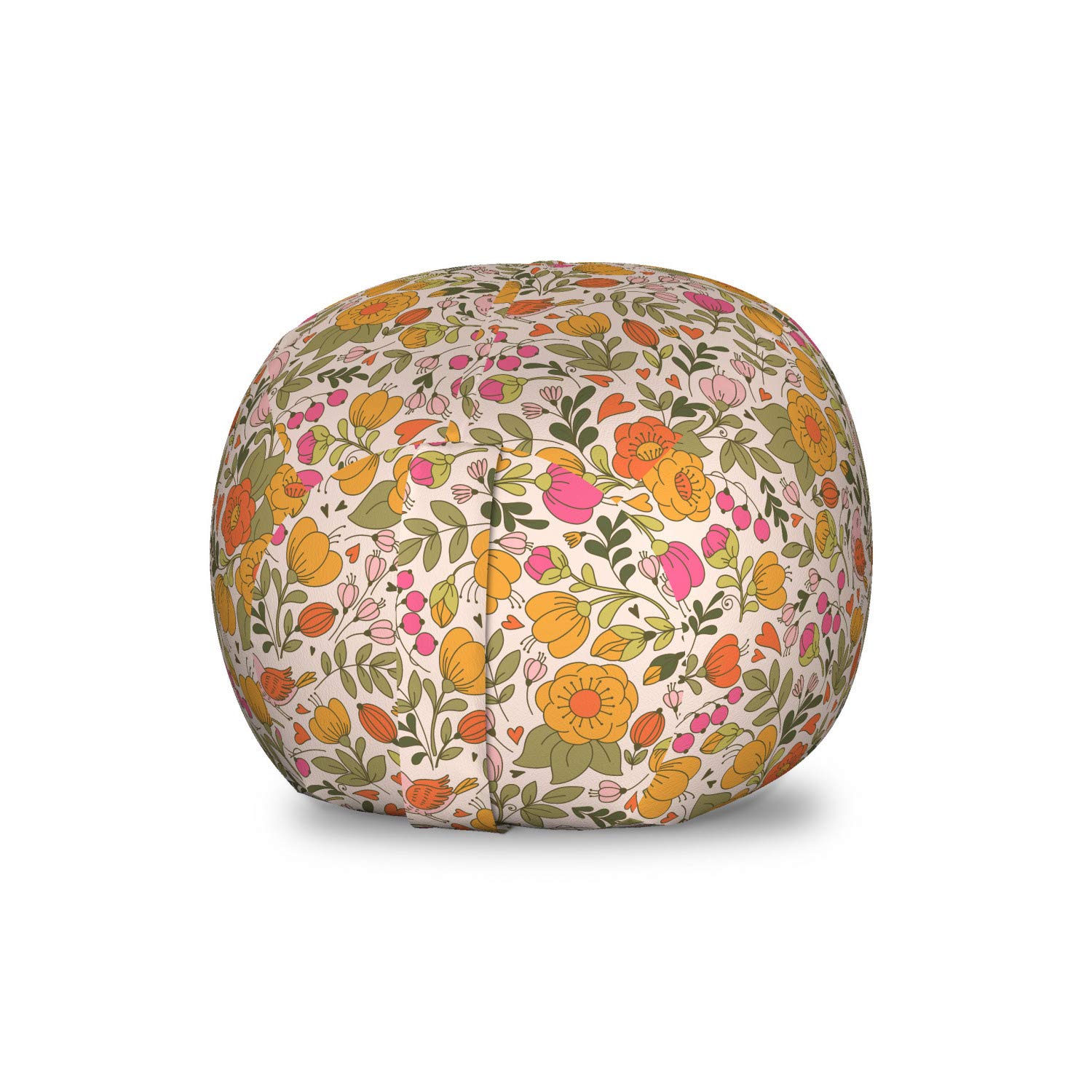 Ambesonne Floral Storage Toy Bag Chair - Spring Flowers Pattern with Birds & Hearts, Washable Stuffed Animal Organizer, Small Size, Apricot Multicolor - Perfect for Kids' Room, Nursery, or Playroom Storage
