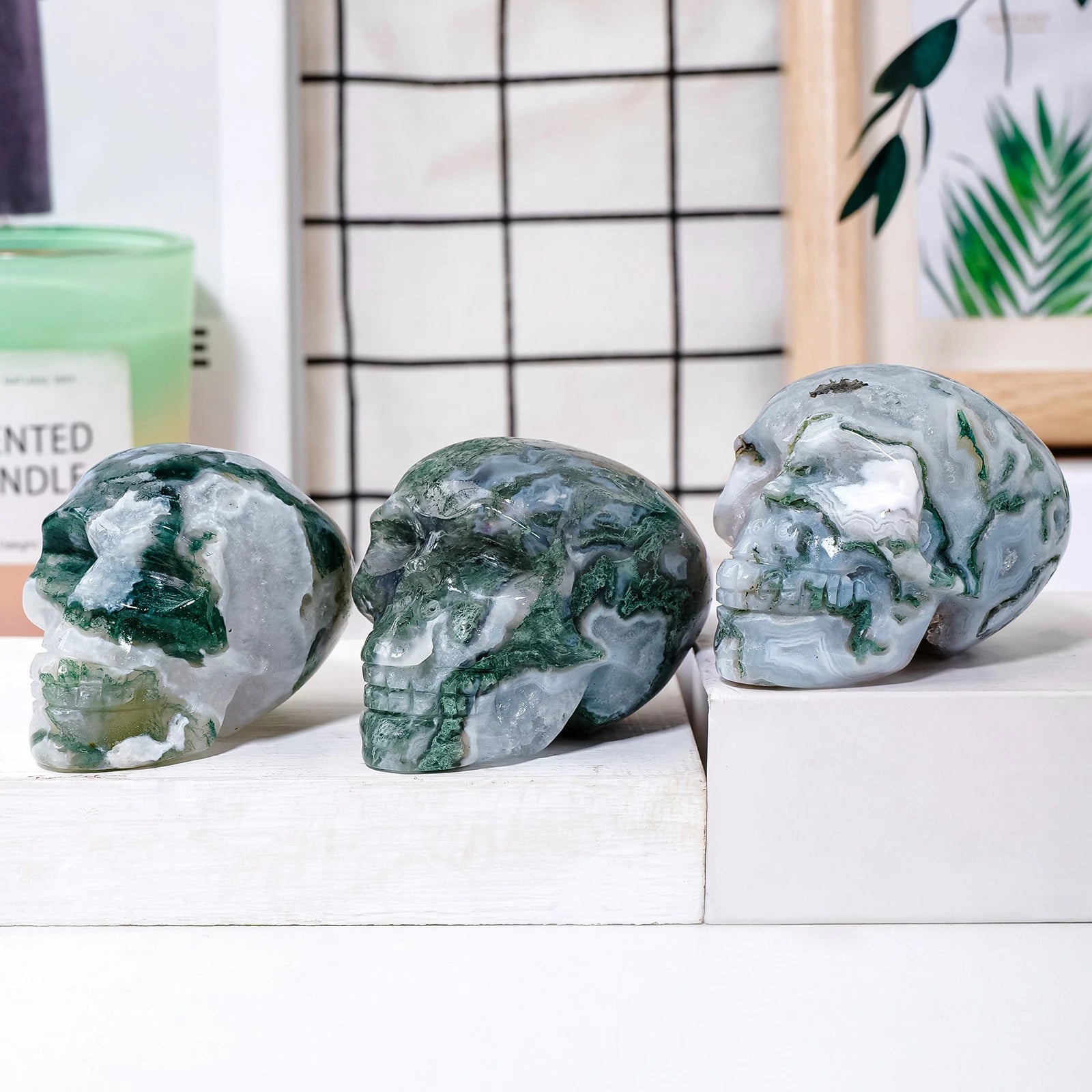 Natural Moss Agate Crystal Skull - Hand Carved Healing Stone for Reiki, Meditation & Home Decor - Unique Spiritual Gift for Collectors & Crystal Enthusiasts (Perfect for Altars, Yoga Spaces & Office Desk Decor)