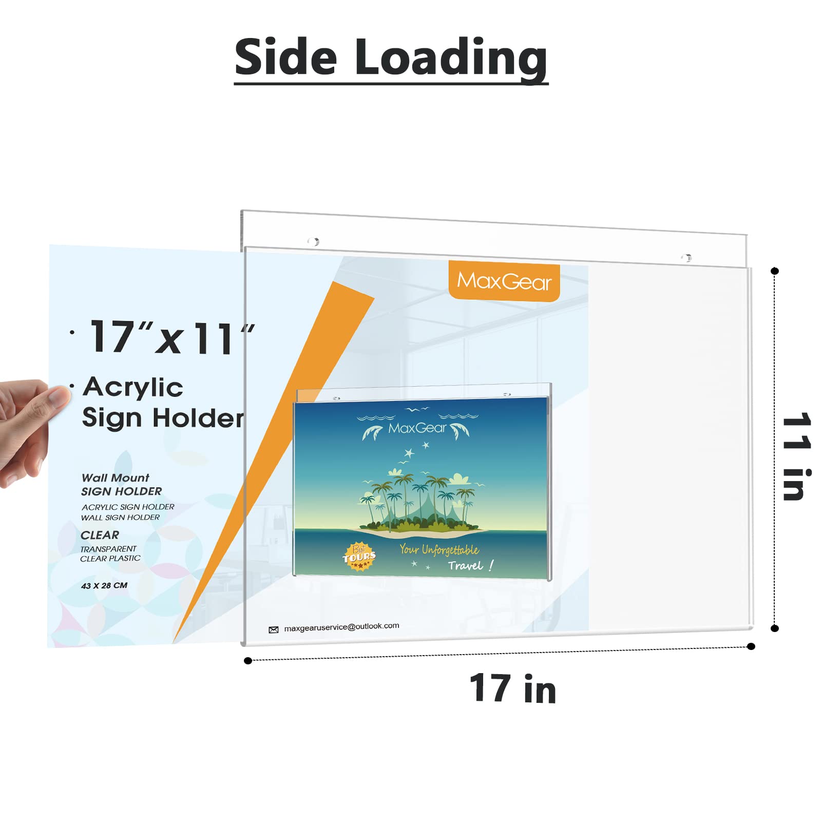 MaxGear 11x17 Inch Clear Acrylic Wall Sign Holder Set with Screws - Durable Plastic Sign Frame for Office, Home, Store, Restaurant & Outdoor Use - Perfect for Menu Boards, Price Displays & Directional Signs
