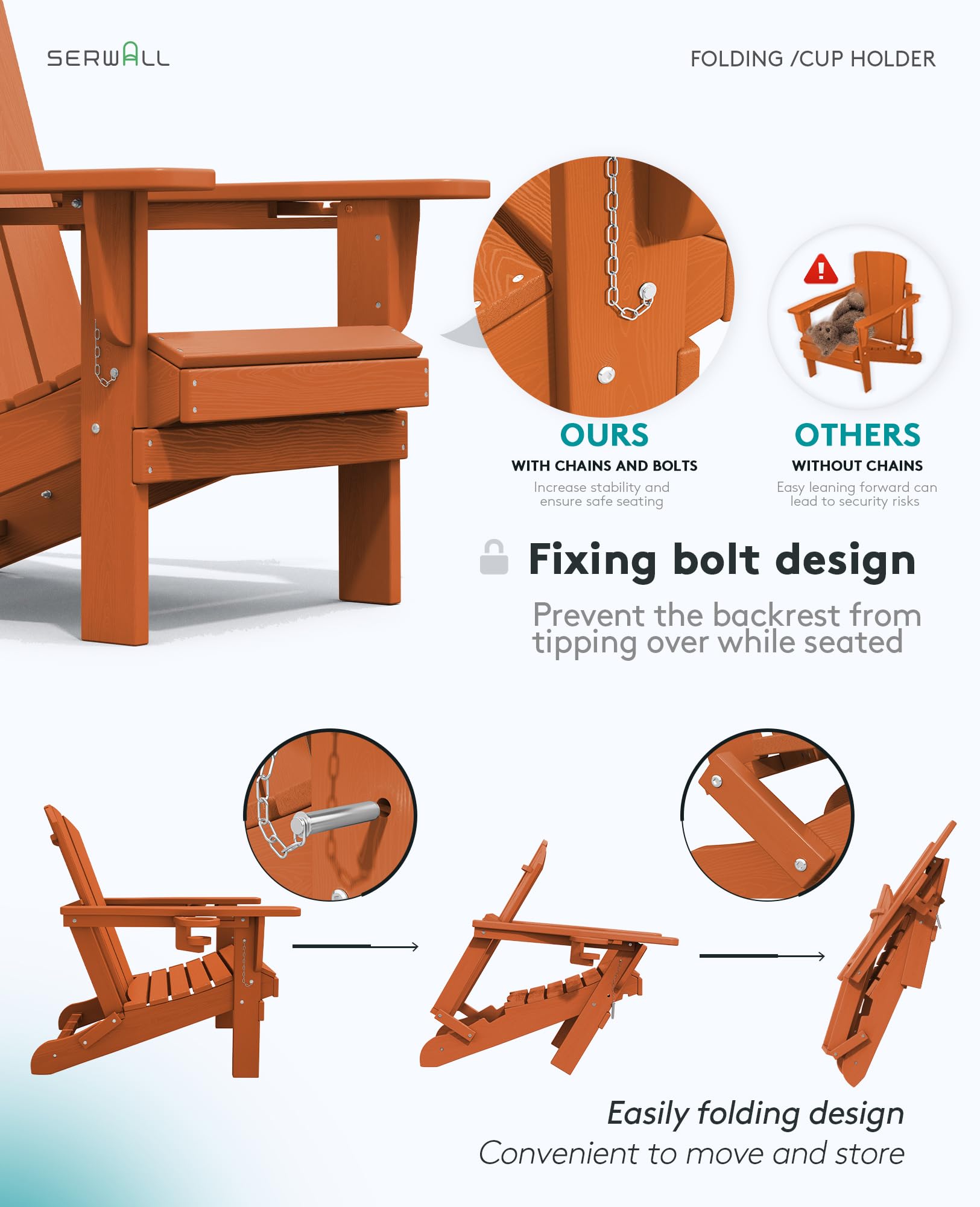 Premium SERWALL Adirondack Chair with Cup Holders - Durable HDPE Composite Outdoor Patio Furniture - All-Weather Resistant - Orange - Perfect for Backyard, Garden, Poolside & Deck Relaxation
