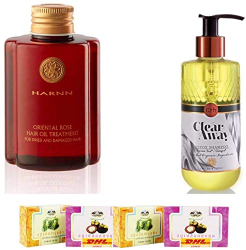 Harnn ORIENTAL ROSE Hair Oil Treatment & Erbs Clear Away Detox Shampoo Set - 230ml - DHL Express Shipping - Free Tomato Facial Mask Included - For Damaged Hair Repair & Scalp Detox - Perfect for Home Hair Care & Spa Treatment