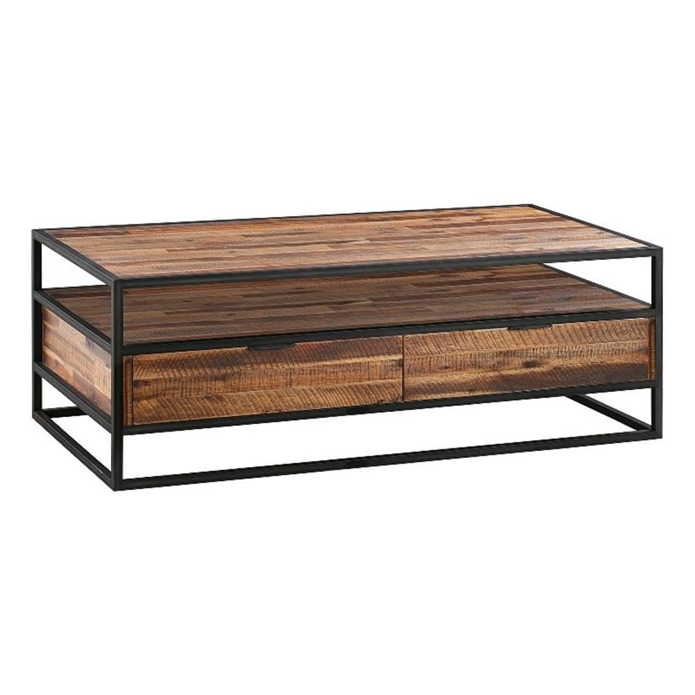 Armen Living Ludgate Rectangle Coffee Table with Shelf - Acacia Wood & Black Metal Frame - Perfect for Living Room, Lounge, or Office