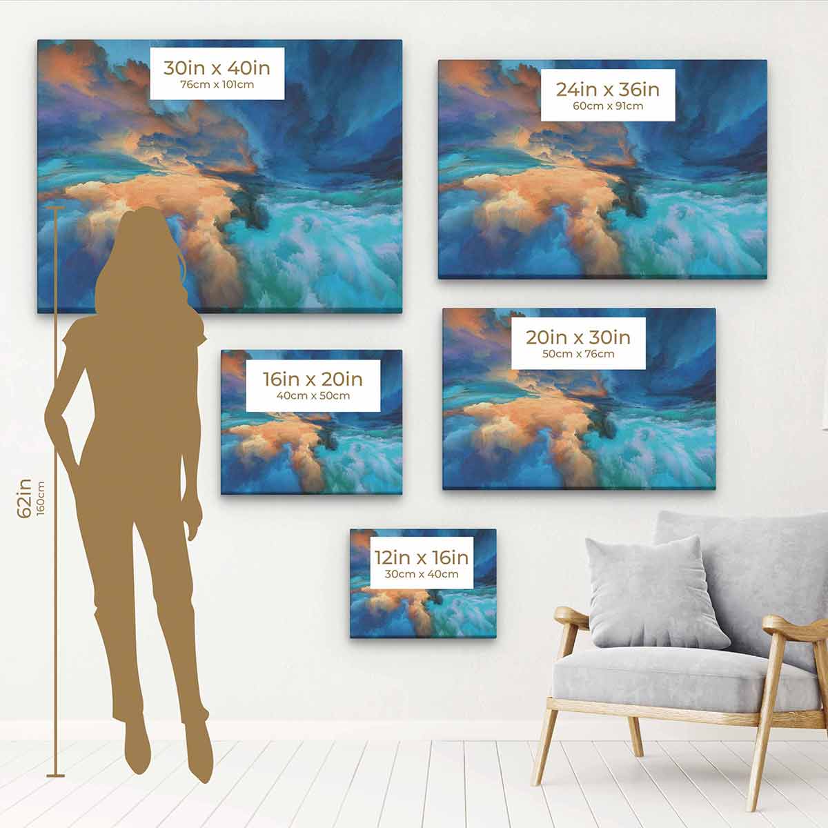 Blue Shades Wall Art Canvas Print 3398 - Modern Abstract Painting for Living Room, Bedroom & Office Decor