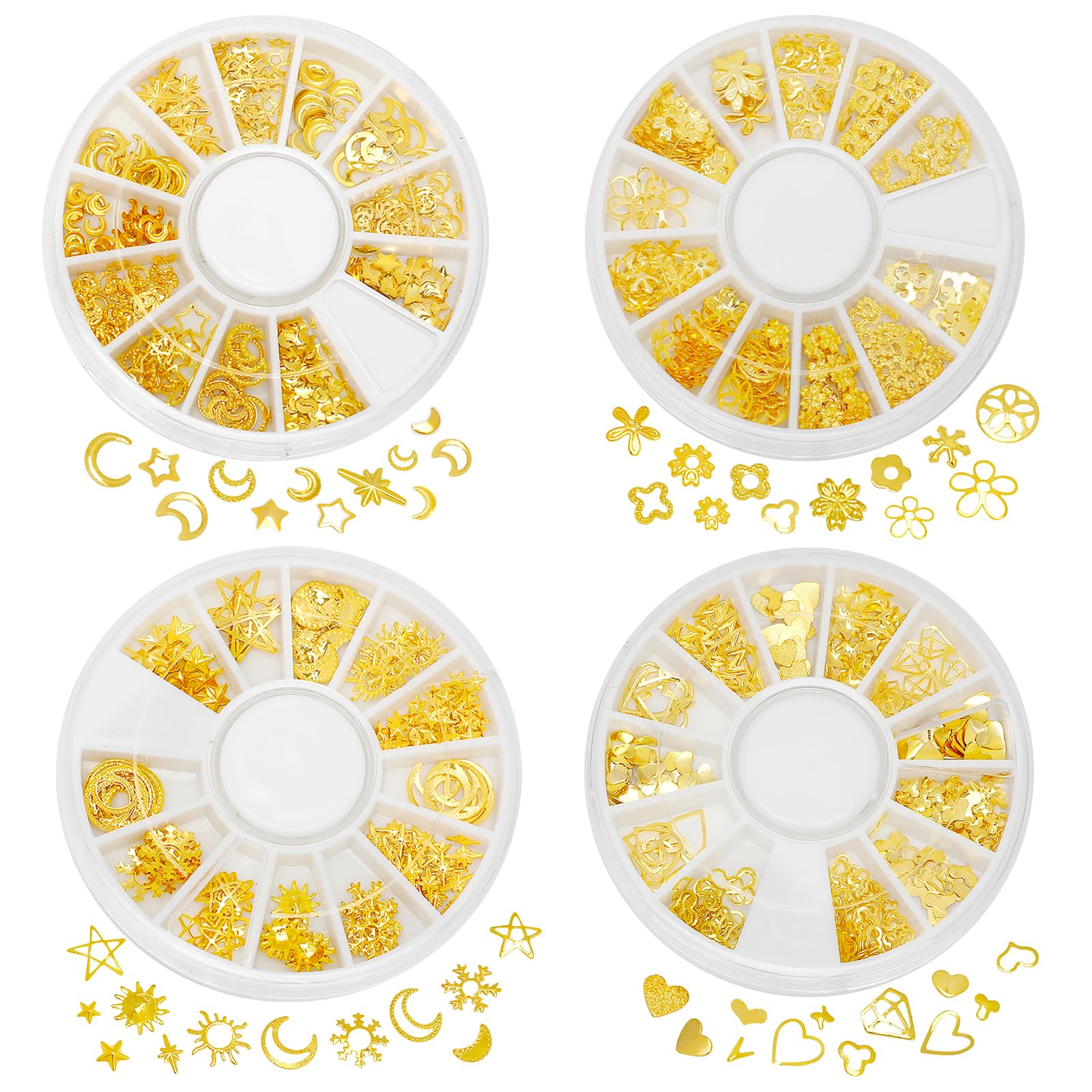 4 Boxes Gold 3D Star Moon Nail Charms - Metallic Studs & Rhinestones Nail Art Decorations for Women & Girls - Manicure Kit with Nail Art Supplies - Perfect for Acrylic Nails, DIY Nail Designs, Parties & Special Occasions