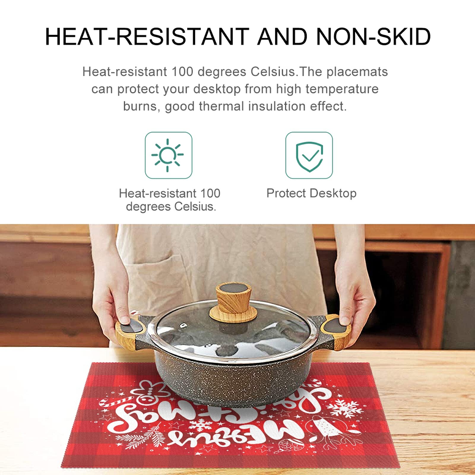 Merry Christmas Placemats Set of 4 - Holiday Plaid Non-Slip Heat-Resistant Washable Table Mats for Kitchen & Dining - 12