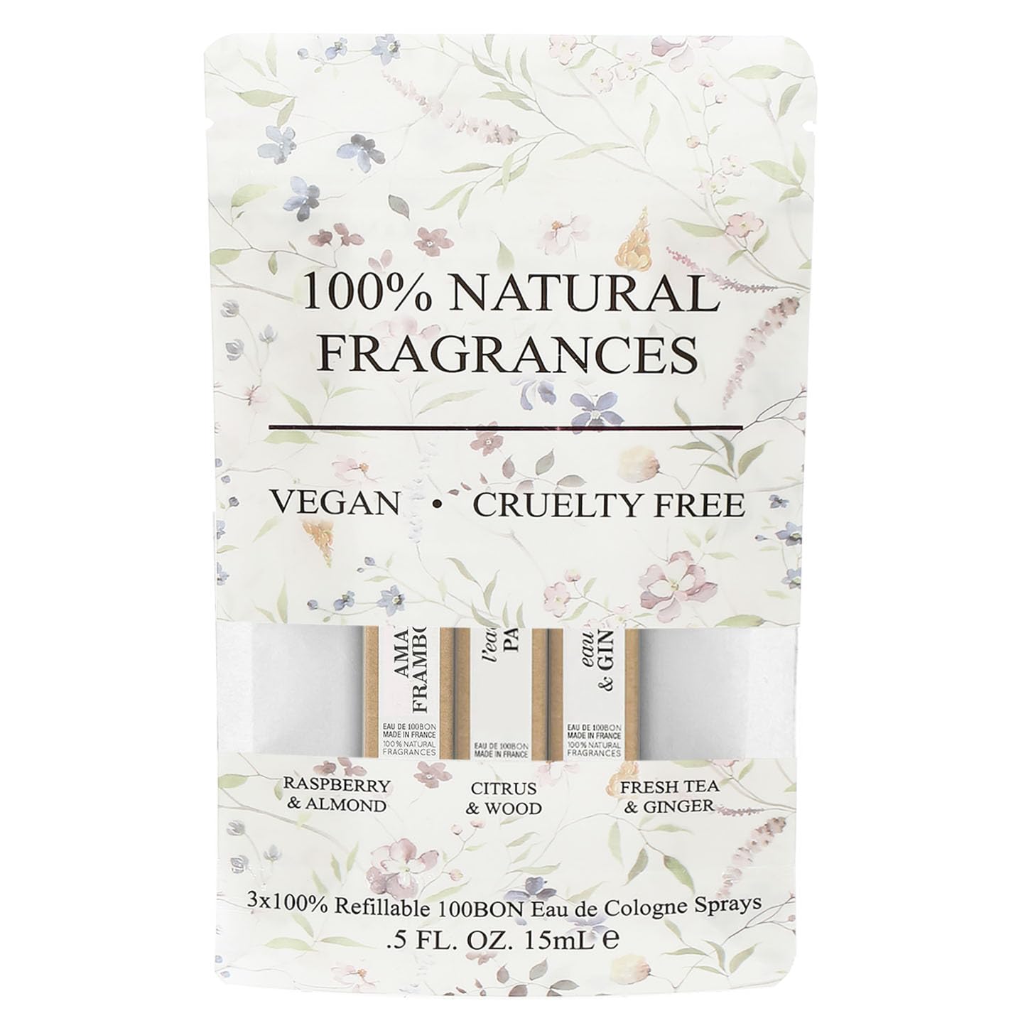 100BON Vegan Cologne Set - 3 Pack Natural Perfume Spray (Raspberry Almond, Citrus Wood, Fresh Tea Ginger) 0.5 fl oz Each | Cruelty-Free, Refillable Fragrance for Women & Men | Perfect for Daily Wear, Gifts & Travel