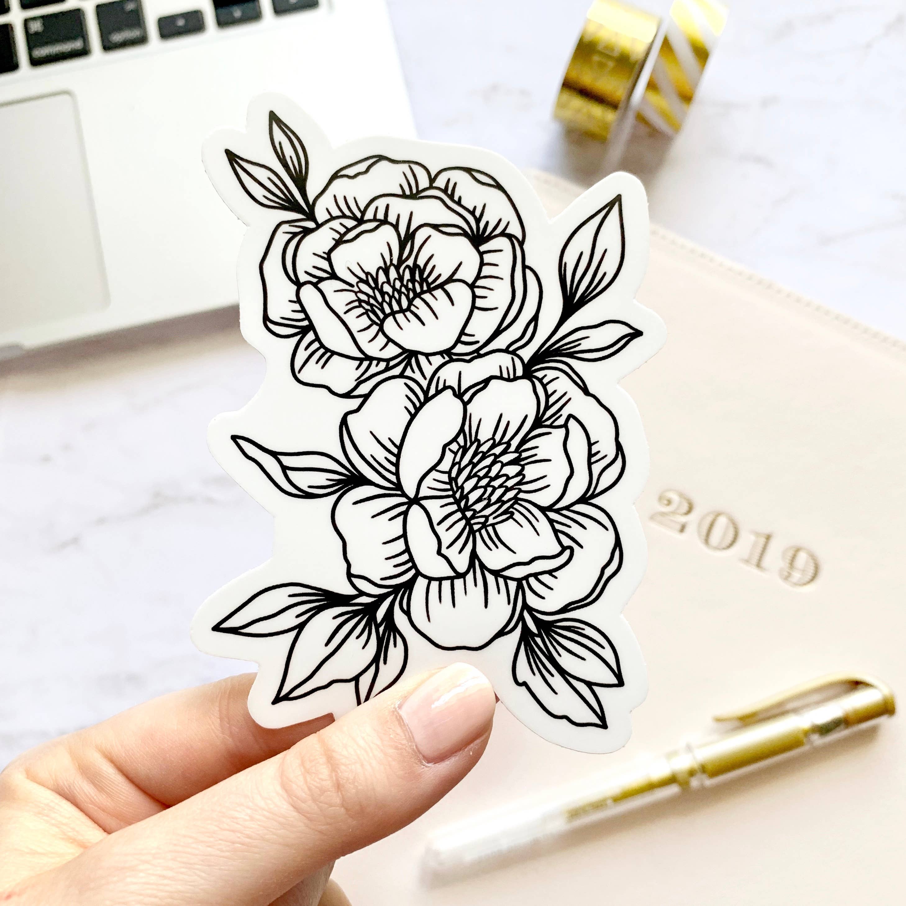 Beautiful Line Drawn Peonies Stickers - 4x3 Inch Waterproof Vinyl Decals for Laptops, Water Bottles, Journals & DIY Crafts - Floral Botanical Art for Scrapbooking & Home Decor