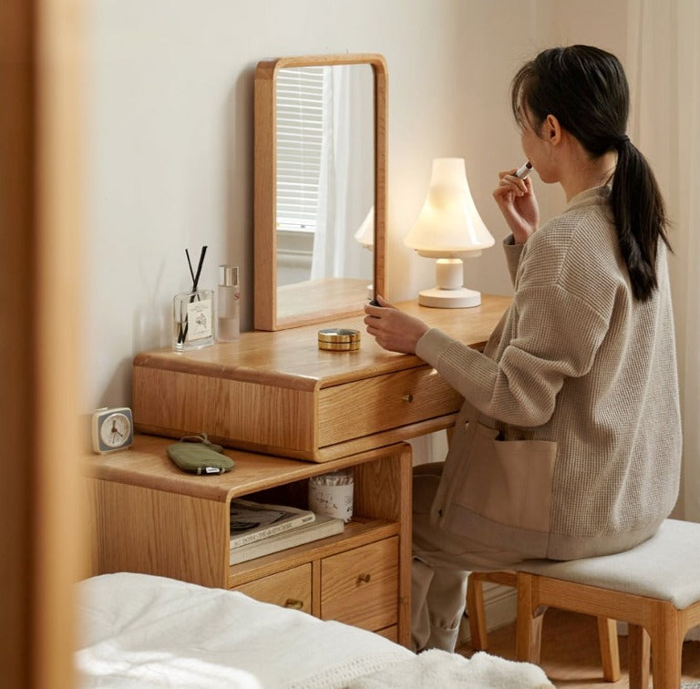Solid Oak Wood Extendable Vanity Dressing Table with Mirror - Perfect for Bedroom Makeup & Jewelry Storage