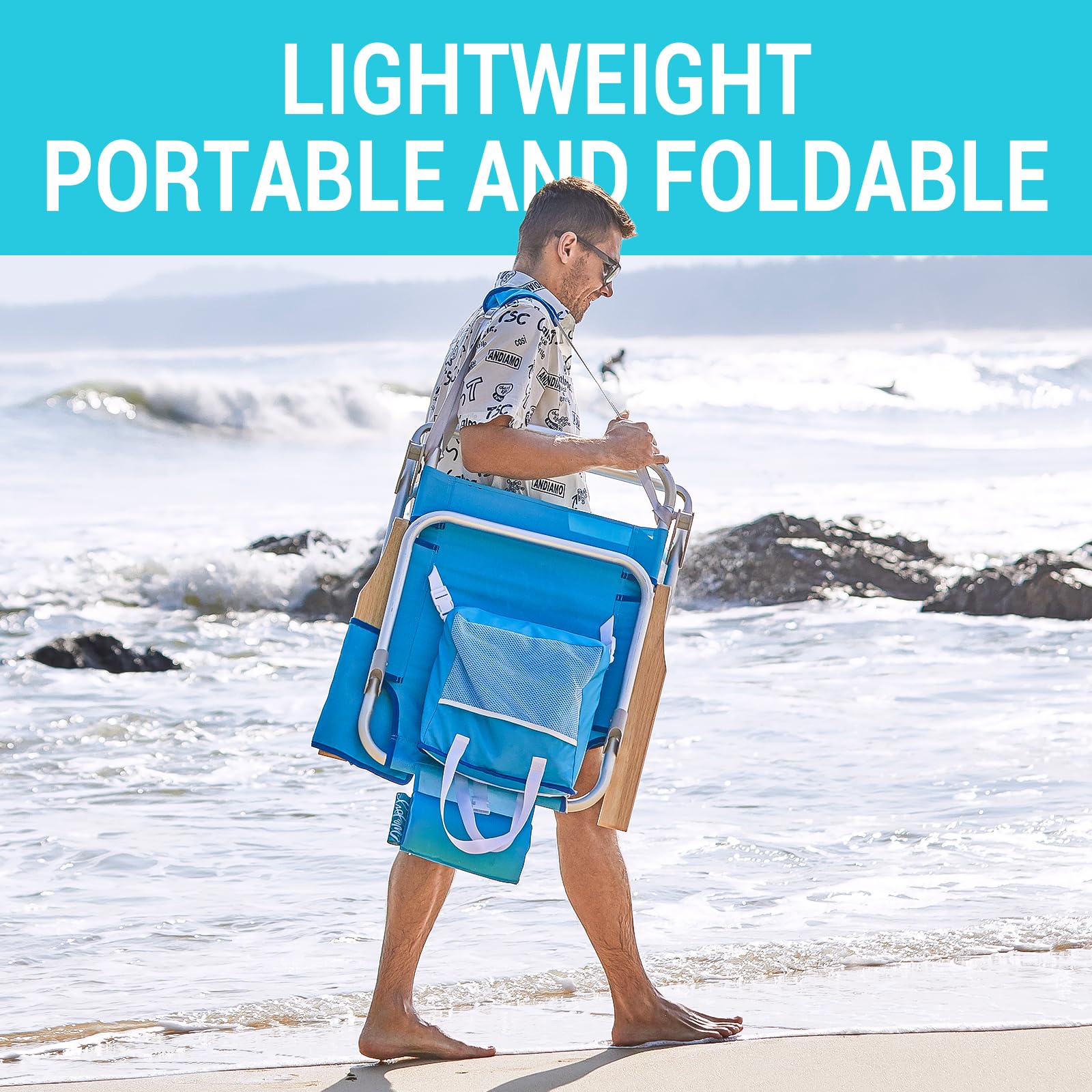 WEJOY 4-Position Adjustable Beach Chair for Adults - Portable Backpack Folding Chair with Wooden Armrest, Lightweight Aluminum Frame & Back Pocket - Perfect for Beach, Pool, Camping, Patio & Backyard Relaxation (Blue)