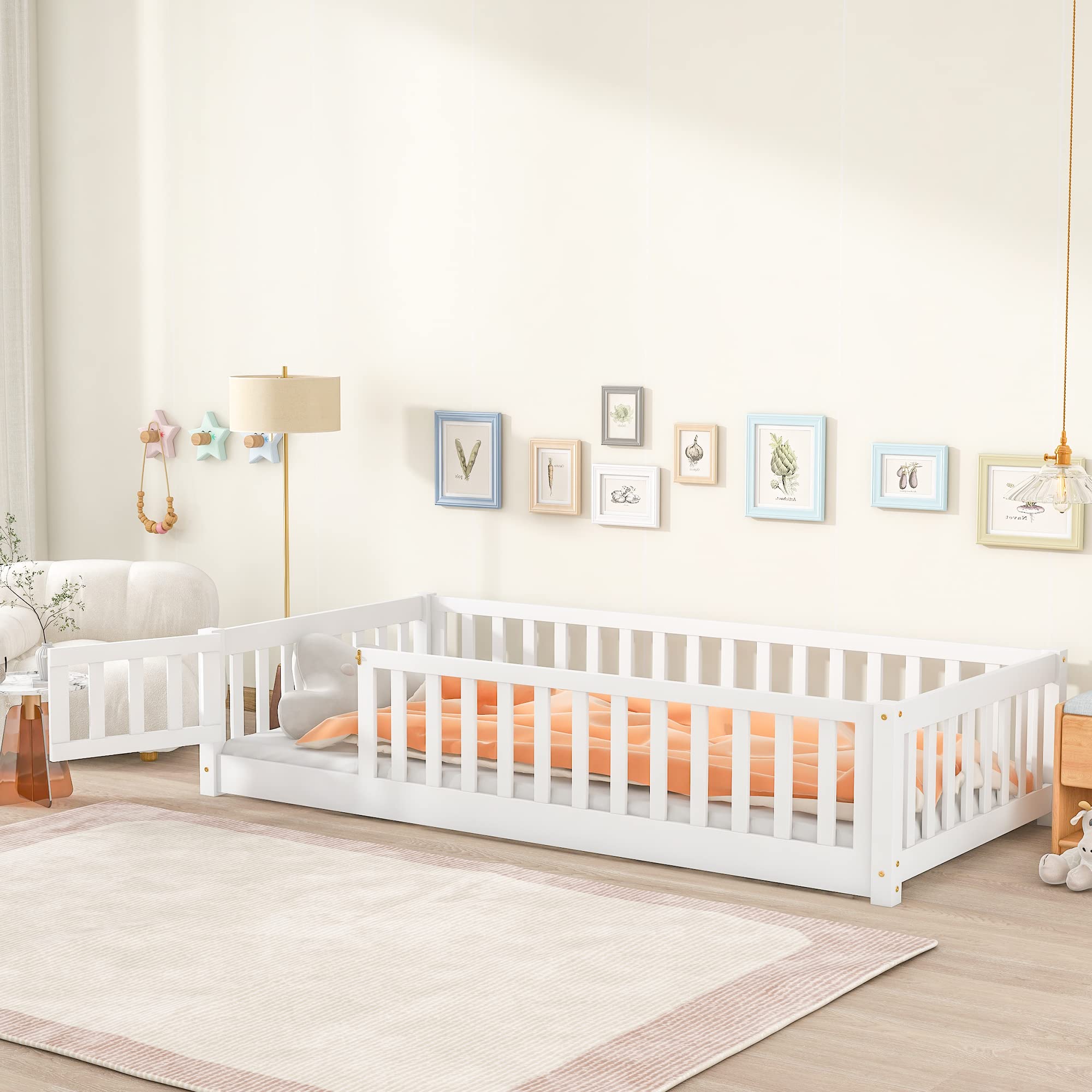 LostCat Twin Size Floor Bed Frame with Safety Fence & Door - Wood Montessori Bed for Kids with Slat Support - No Box Spring Needed - Perfect for Toddler Rooms, Daycare Centers & Montessori Classrooms - White