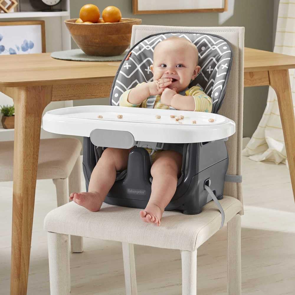 Fisher-Price Deluxe High Chair & Portable Booster Seat with Washable Tray Liner & Seat Pad - Gray Tribal Design | Convertible Baby to Toddler Feeding Chair for Home & Travel Use