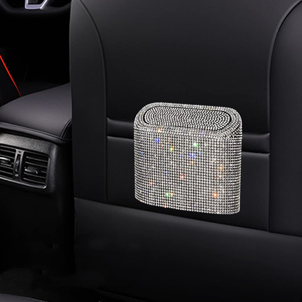 Bling Car Trash Can - Small Leakproof Hanging Garbage Bin with Lid & Rhinestone Design (White) | Perfect for Cars, Offices, Bedrooms & Travel | Multipurpose Storage Container