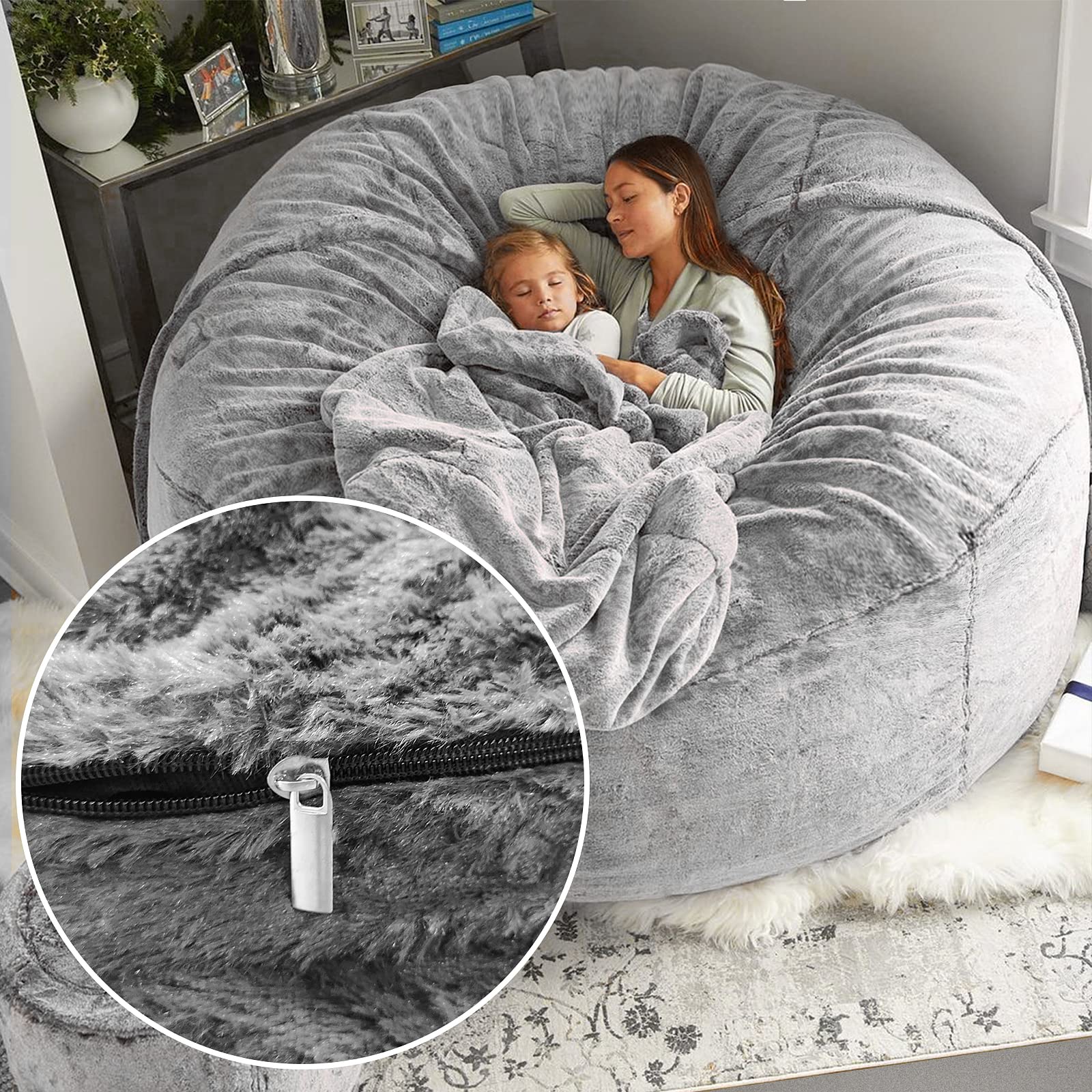 RAINBEAN 6ft Bean Bag Chair Cover Only (Not Full Bean Bag) - Soft Fluffy PV Velvet Replacement Slipcover for Round Lounge Chair, Sofa Bed & Living Room Furniture - Snow Blue | Perfect for Relaxing, Gaming & Movie Nights