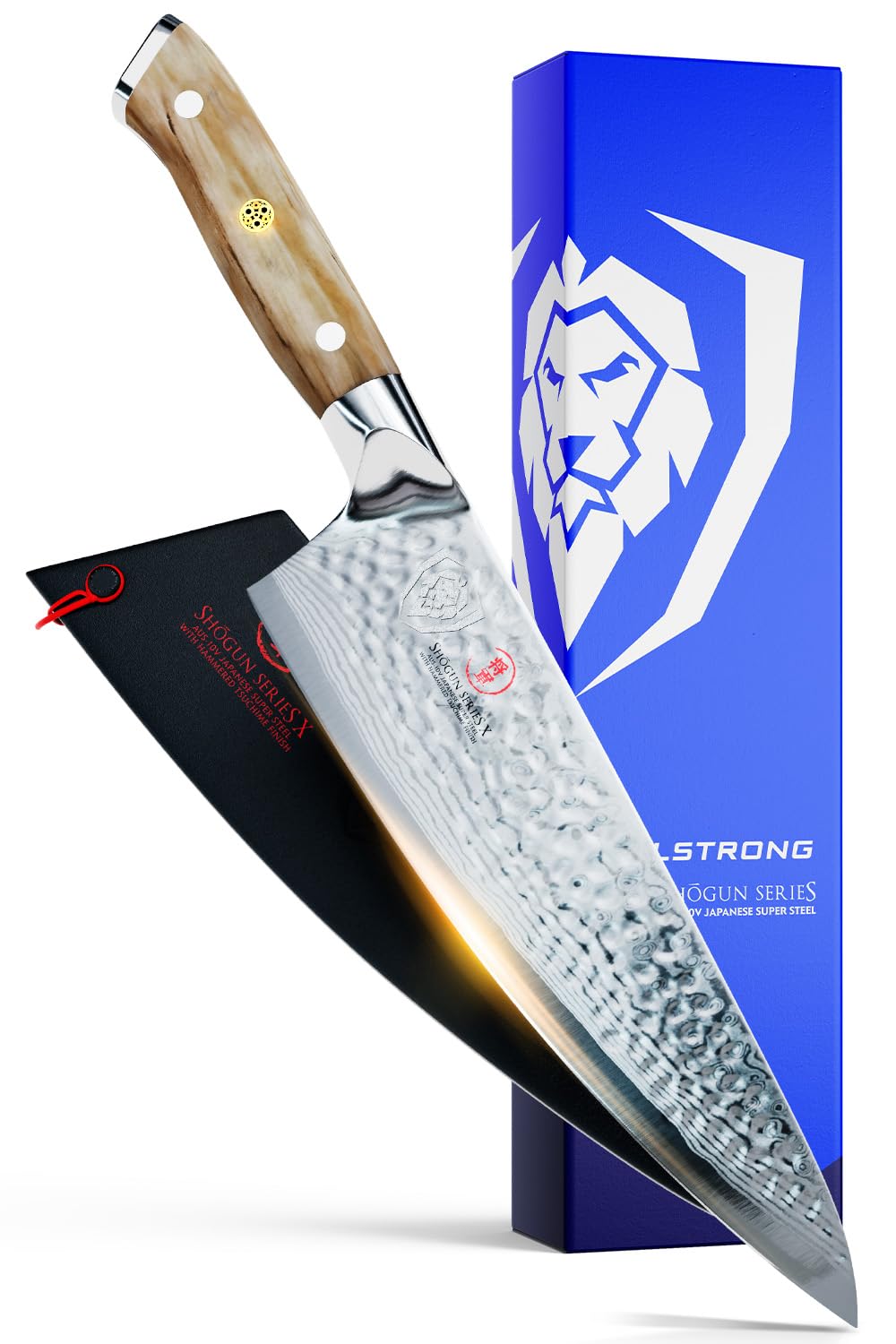 Dalstrong Shogun Series 8-inch Chef Knife - Japanese AUS-10V Super Steel Kitchen Knife with Olive Wood Handle & Damascus Pattern - Razor Sharp Professional Full Tang Knife with Sheath - Perfect for Slicing, Dicing & Precision Cooking
