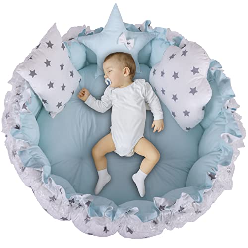 MottoKids Adjustable Baby Lounger & Co-Sleeper - Multi-Functional Newborn Nest, Infant Play Mat & Toddler Bed Sleeper - Soft & Breathable Baby Pillow (Blue) - Perfect for Napping, Playtime & Co-Sleeping Safely