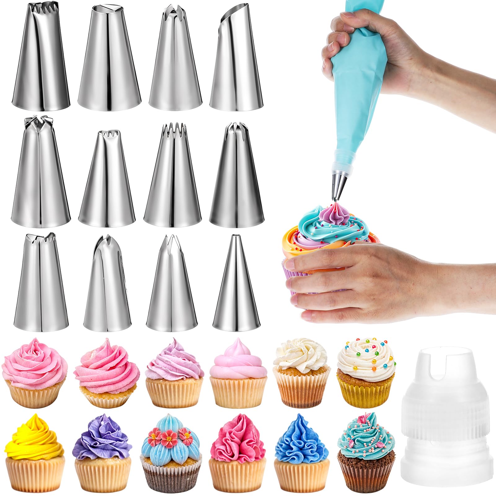 12-Piece Stainless Steel Cake Decorating Tips Set - Reusable Piping Bags & Frosting Nozzles for Baking, DIY Pastry, Cookies, Cupcakes | Professional Baking Tools for Home Bakers & Cake Decorating Parties