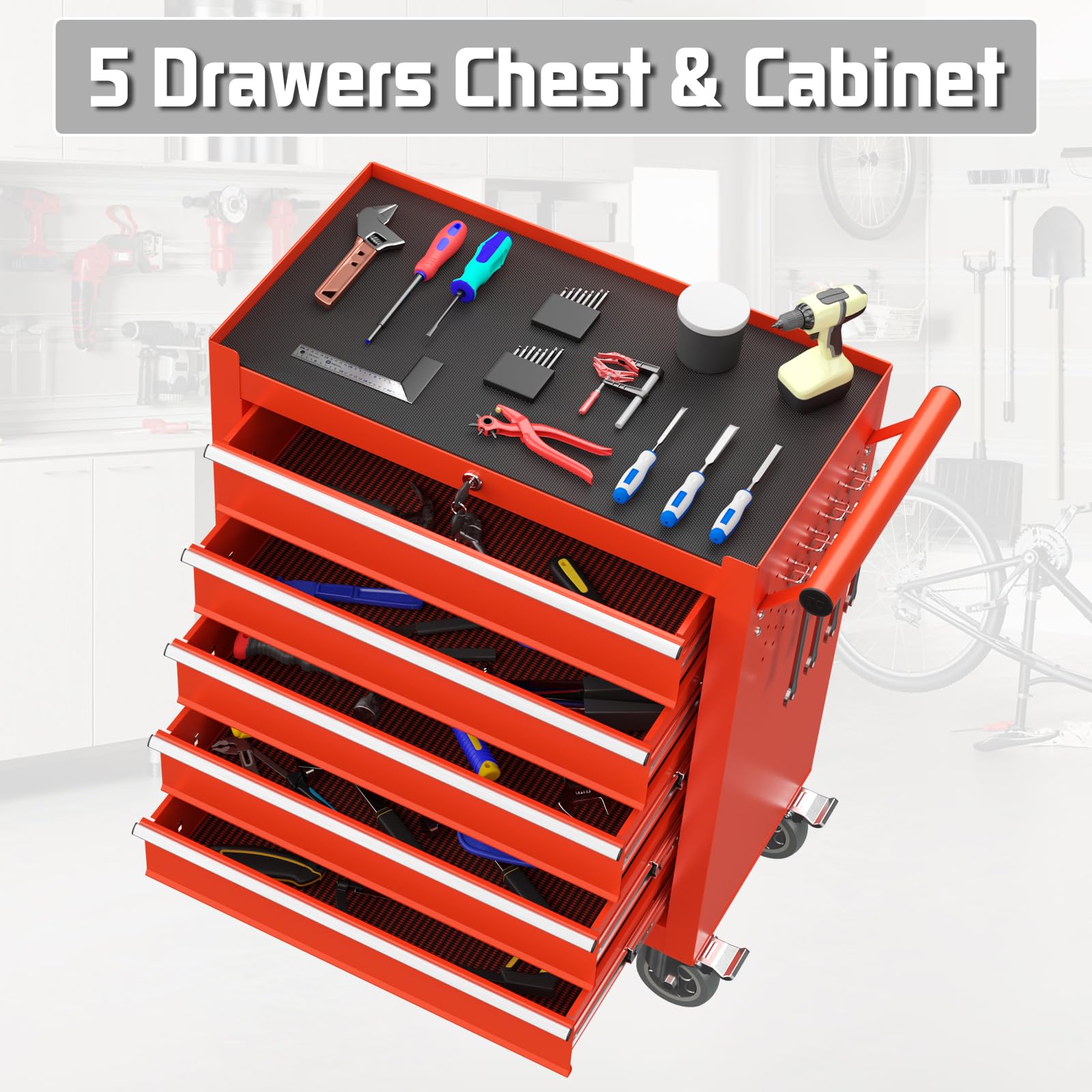 5-Drawer Rolling Tool Chest with Wheels - Heavy Duty Metal Storage Cabinet with Lockable Drawers & Liners - Perfect for Garage, Workshop, and Auto Repair Shop Organization (Red)