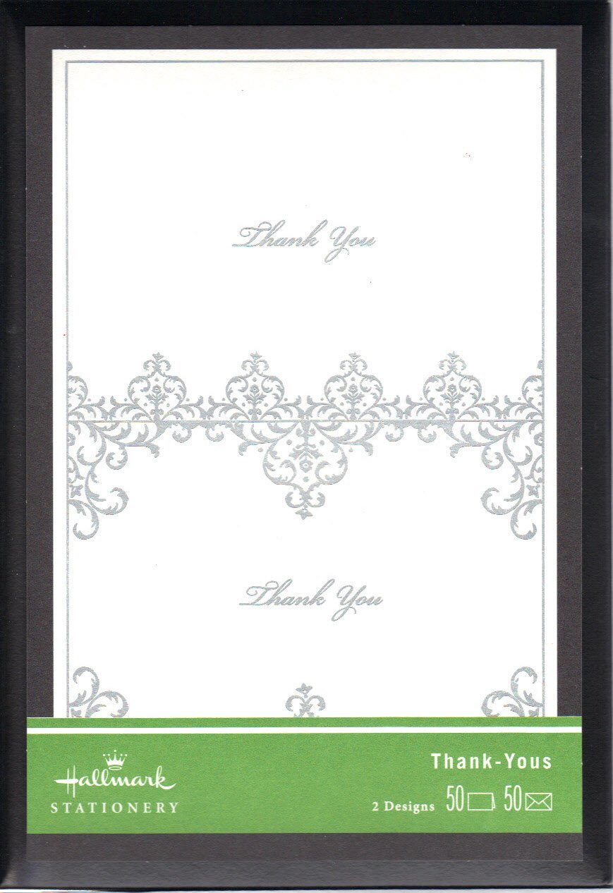 HALLMARK STATIONERY Thank You Cards - 50 Blank Cards & 50 Envelopes, White/Silver Elegant Design (2 Styles) - Perfect for Weddings, Graduations & Business Appreciation Gifts (WTU8356)