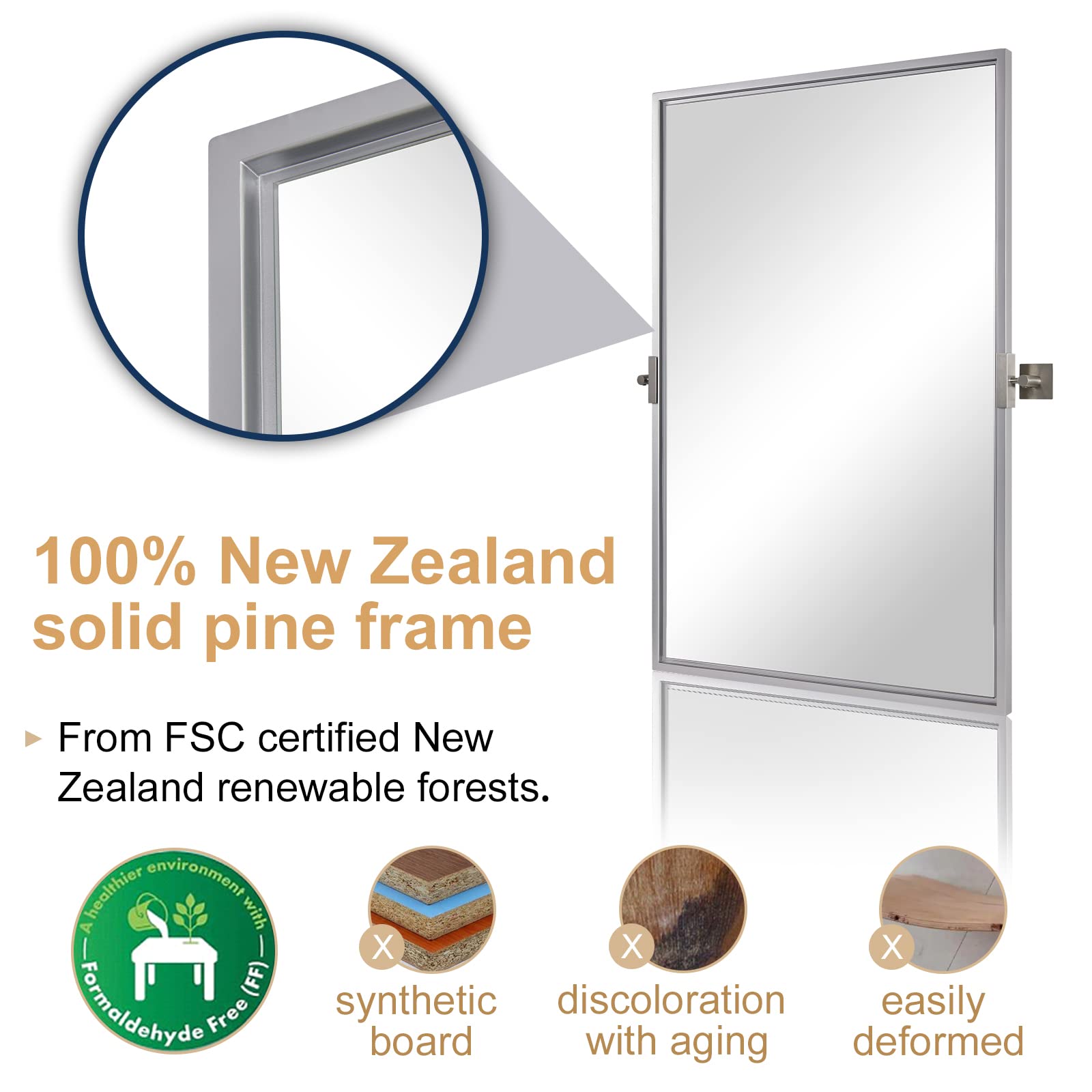 24x36 Inch Modern Silver Pivot Mirror - Square Pivots, Floating Bathroom Wall Mirror for Vanity, Vertical Hanging (27.75