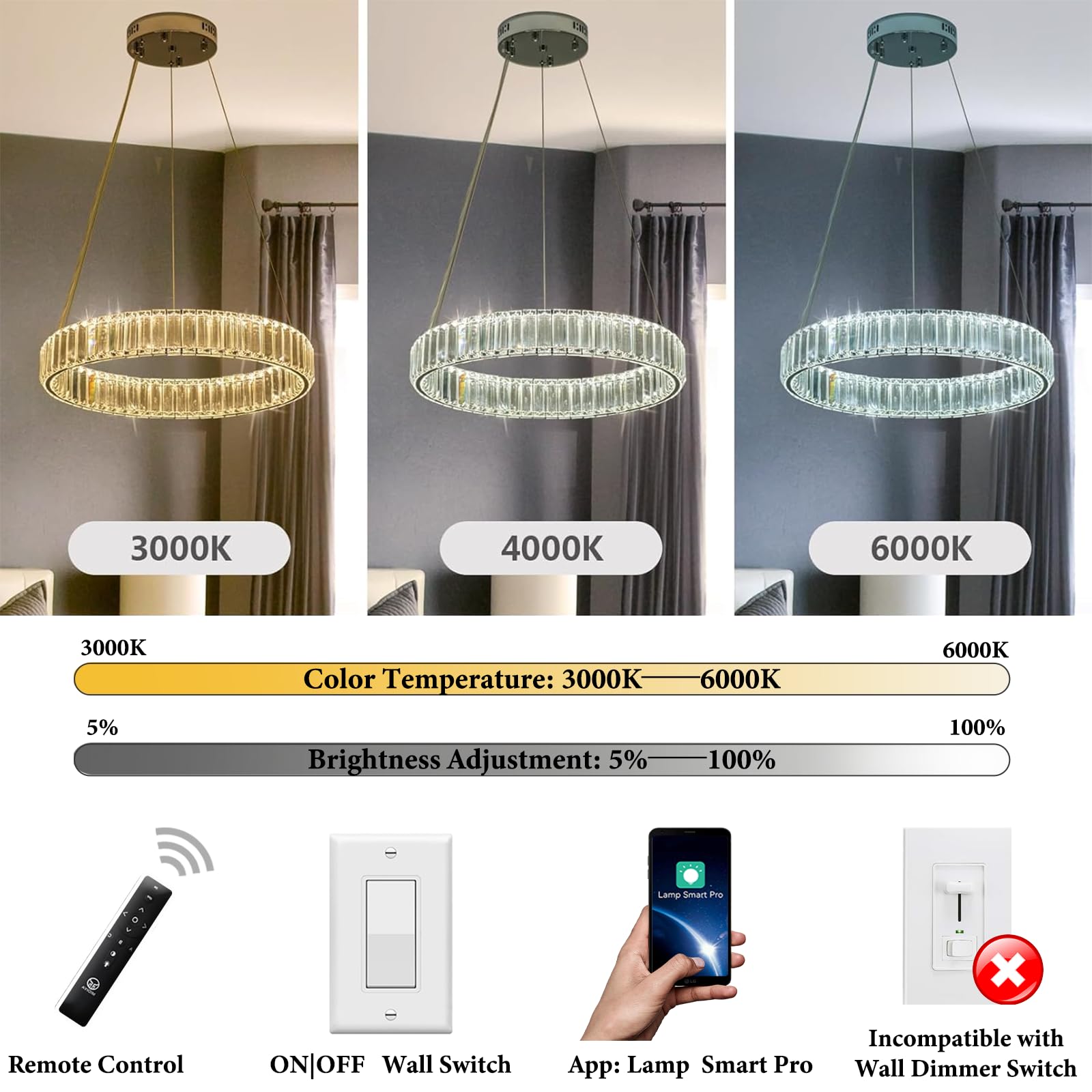 Modern Crystal Chandelier LED Dimmable Pendant Light with Remote Control - 24