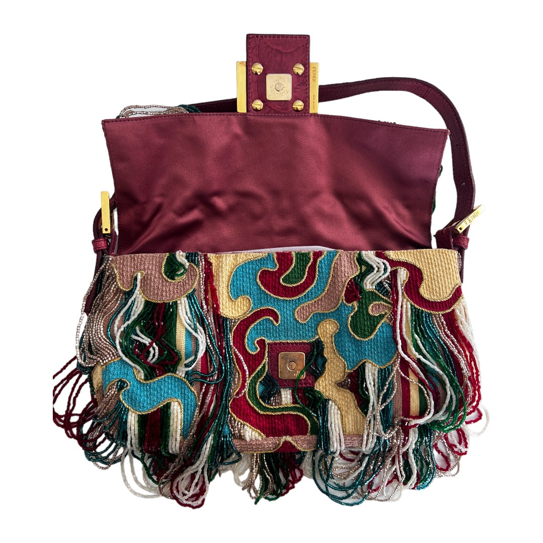 FENDI Multicolor Beaded Wave Print Fringe Baguette Bag - Stylish Crossbody Purse for Women, Perfect for Parties, Weddings & Evening Events