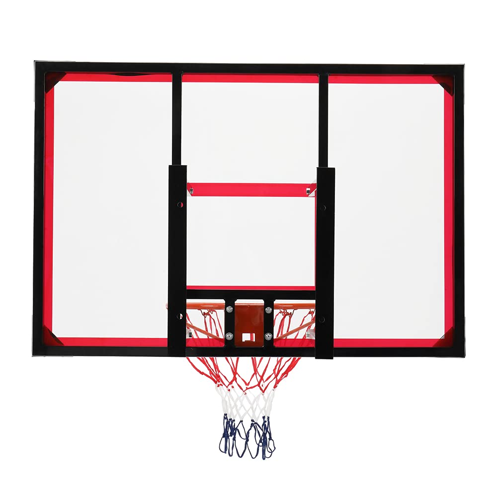 MK PC Transparent Basketball Backboard 43.3 x 29.5 Inches with Red & White Steel Frame - Wall Mounted for Adults, Fits Size 7 Basketball | Perfect for Indoor/Outdoor Courts, Driveways & Backyard Play