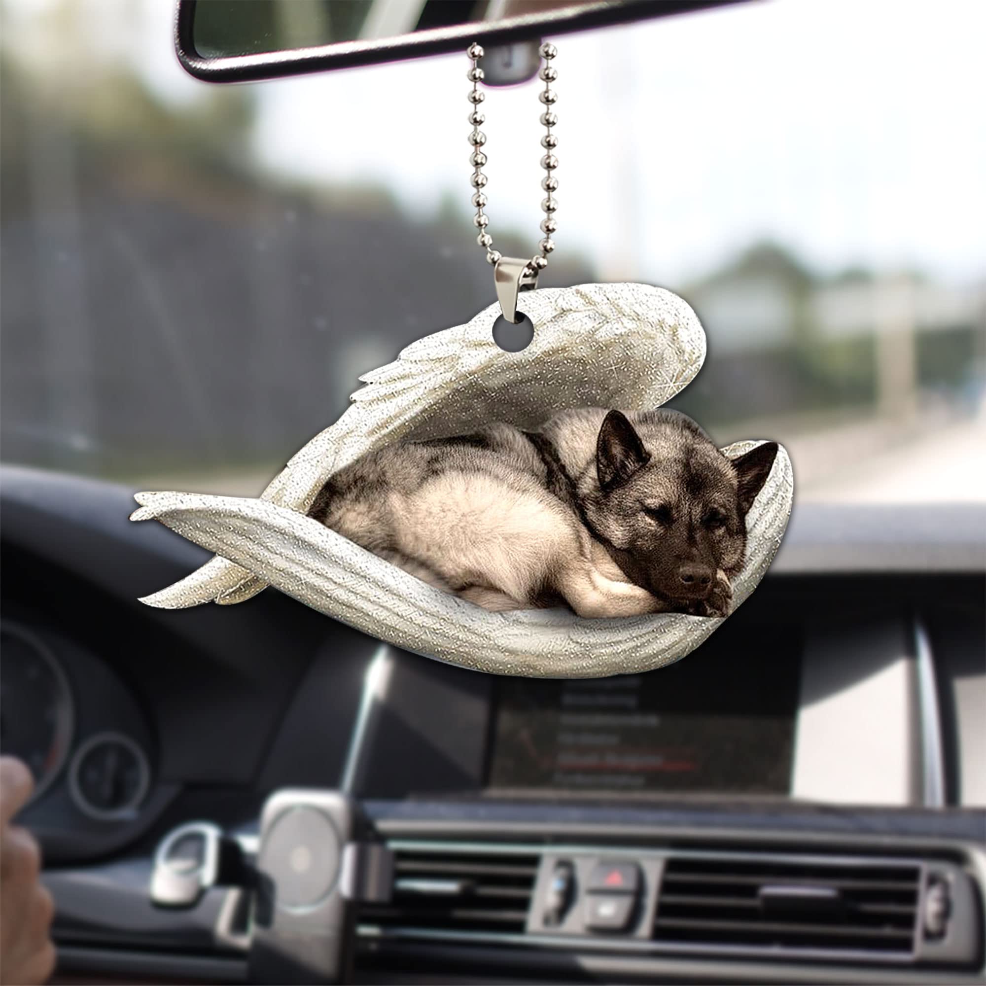 Norwegian Elkhound Memorial Angel Wing Dog Car Charm - 2D Flat Hanging Ornament for Rearview Mirror, Christmas Tree Decor & Interior Pendant Gift | Perfect for Pet Lovers, Car Accessories, Holiday Decorations