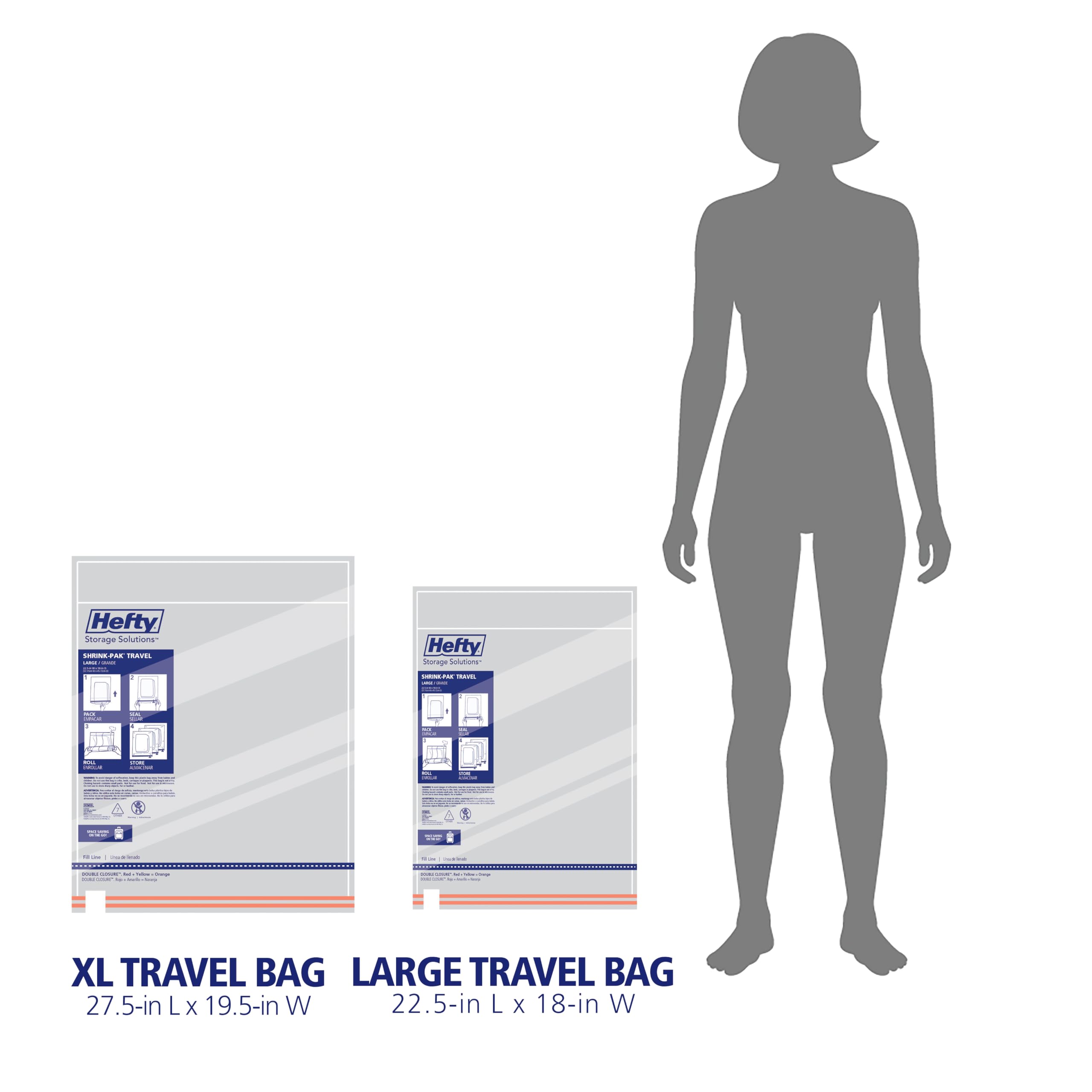 Hefty Shrink-Pak Travel Vacuum Storage Bags - 4 Large (22.5x18 Inches) & 4 XL (27.5x19.5 Inches) Space Saver Bags for Clothes, Pillows, Blankets - Suction Sealer for Luggage, Moving & Home Organization - Perfect for Travel, Storage & Closet Organization