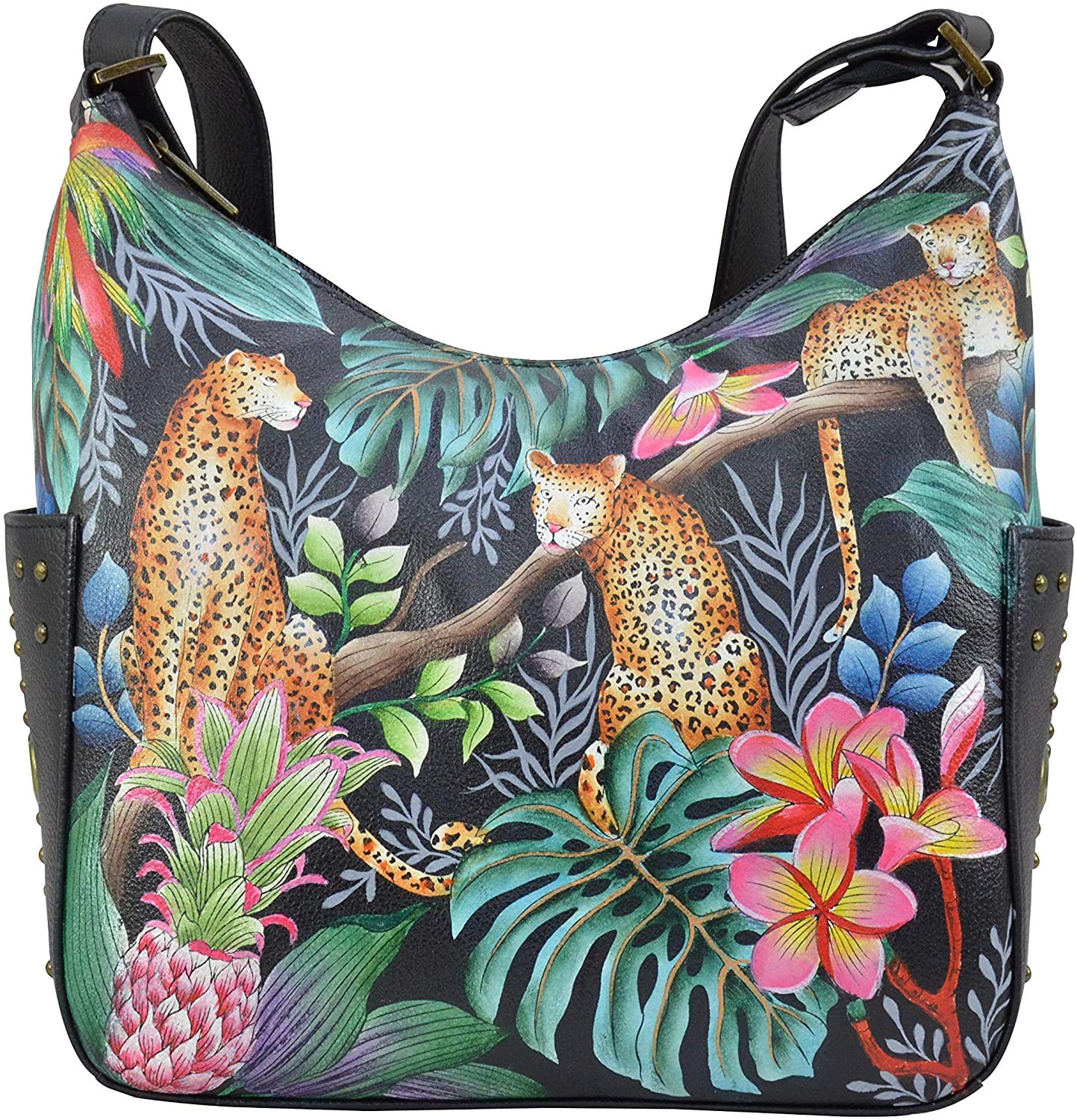 Anuschka Women's Genuine Leather Shoulder Bag - Hand-Painted Floral Art Hobo Purse with Studded Side Pockets | Stylish Crossbody Bag for Work, Travel & Everyday Use