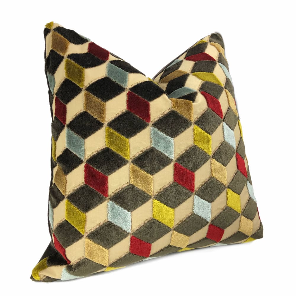 Metropol Geometric Cut Velvet Throw Pillow Covers - Brown, Red, Blue & Beige Cubes Design - Luxury Sofa & Bedroom Decor Accent Pillows