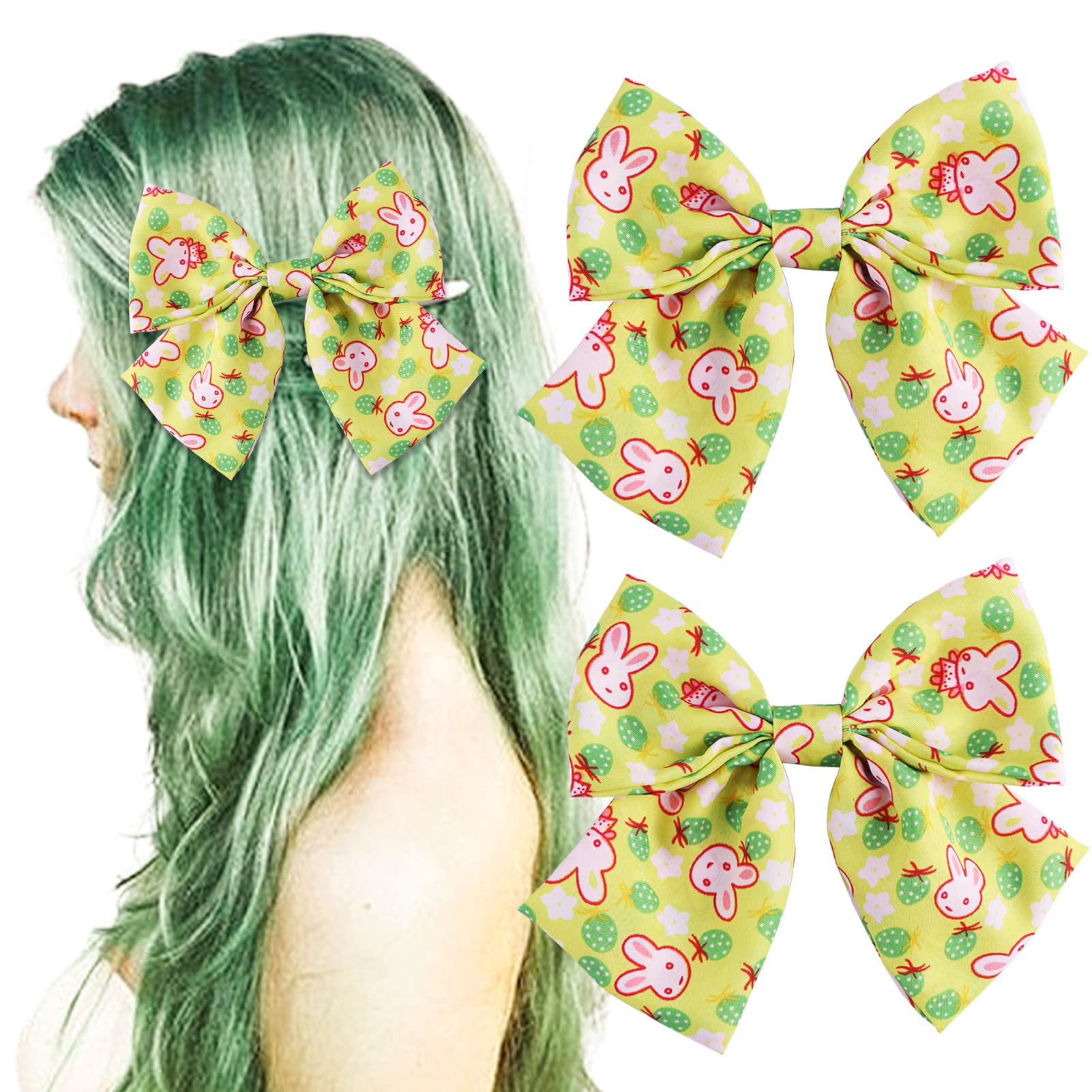 2pcs Easter Big Bow Hair Clips for Girls - Cute French Hair Bows with Rabbit Design, Soft Satin Barrettes & Hair Slides (Green) - Perfect for Easter Outfits, Spring Parties & Photo Shoots