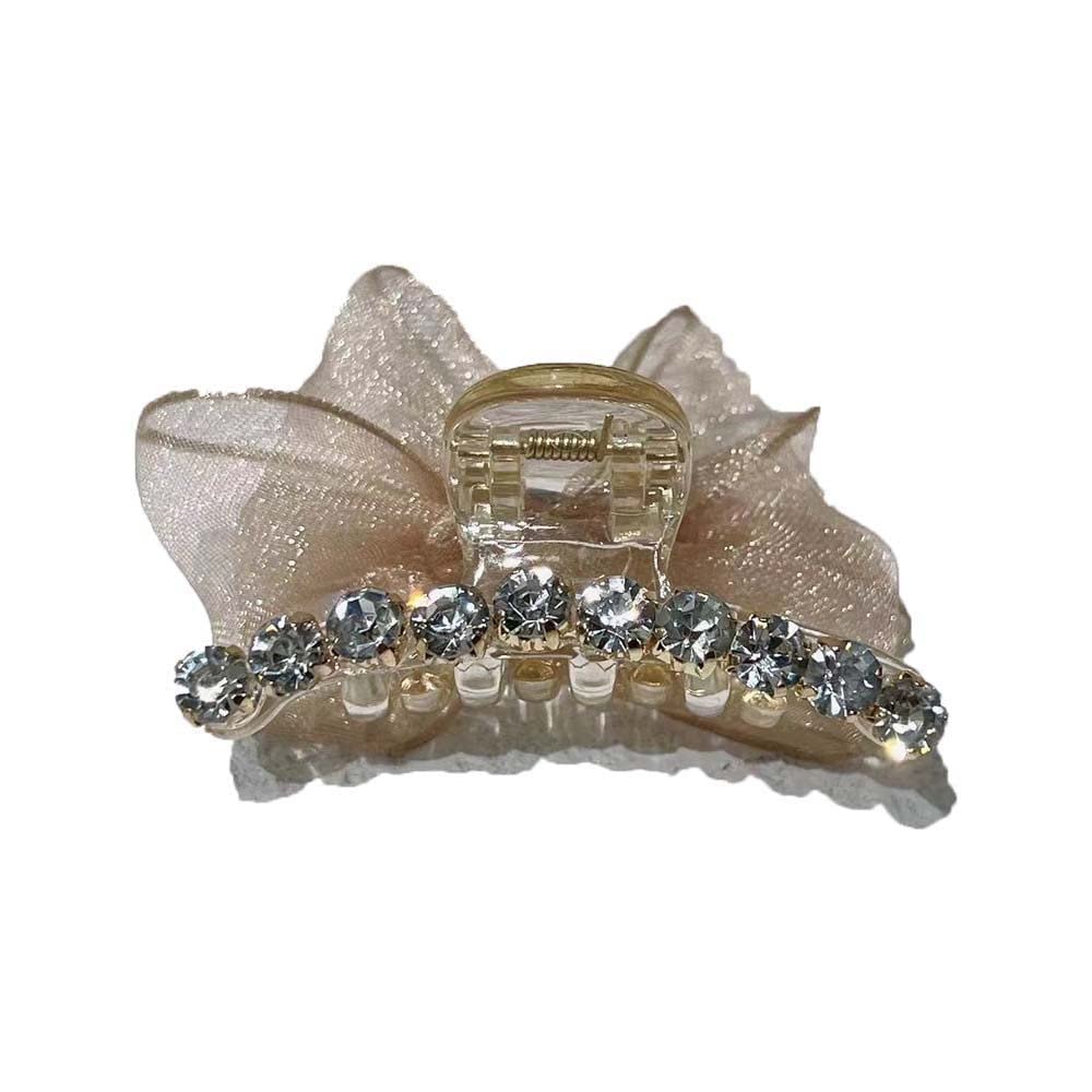 Elegant Rhinestone Hair Clips for Women - Sweet Bowknot Hair Crab Claw Grip with Mesh Barrettes Hair Accessories (Champagne) | Perfect for Weddings, Parties & Daily Styling
