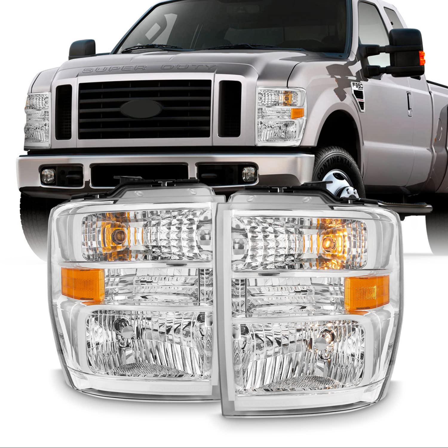 AKKON Chrome Headlights for 2008-2017 Ford E-Series & Super Duty - Halogen Aero Style for Better Visibility