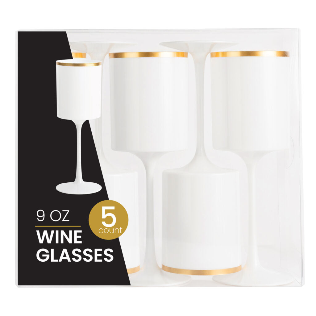 9 Oz White and Gold Plastic Stemmed Wine Goblets - Set of 5 Shatterproof Cups for Wedding, Party, and Outdoor Events