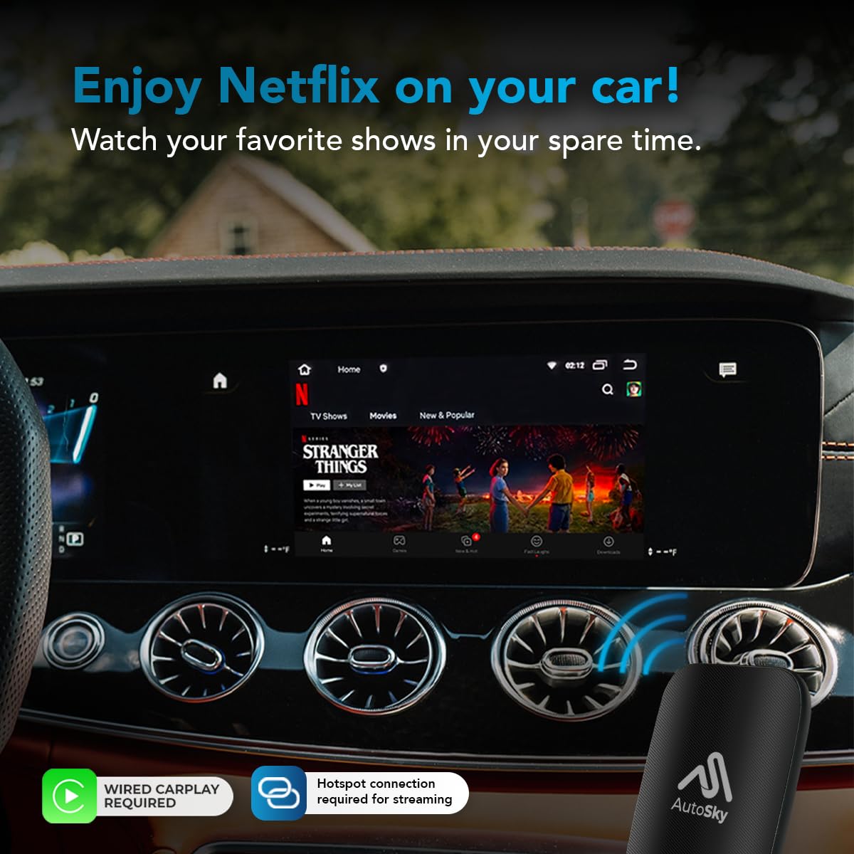 AutoSky Wireless CarPlay & Android Auto AI Box Lite - Convert Wired to Wireless CarPlay/Android Auto for Factory Wired Cars | Supports Netflix, YouTube Streaming via Hotspot | Perfect for Commuting, Road Trips & In-Car Entertainment
