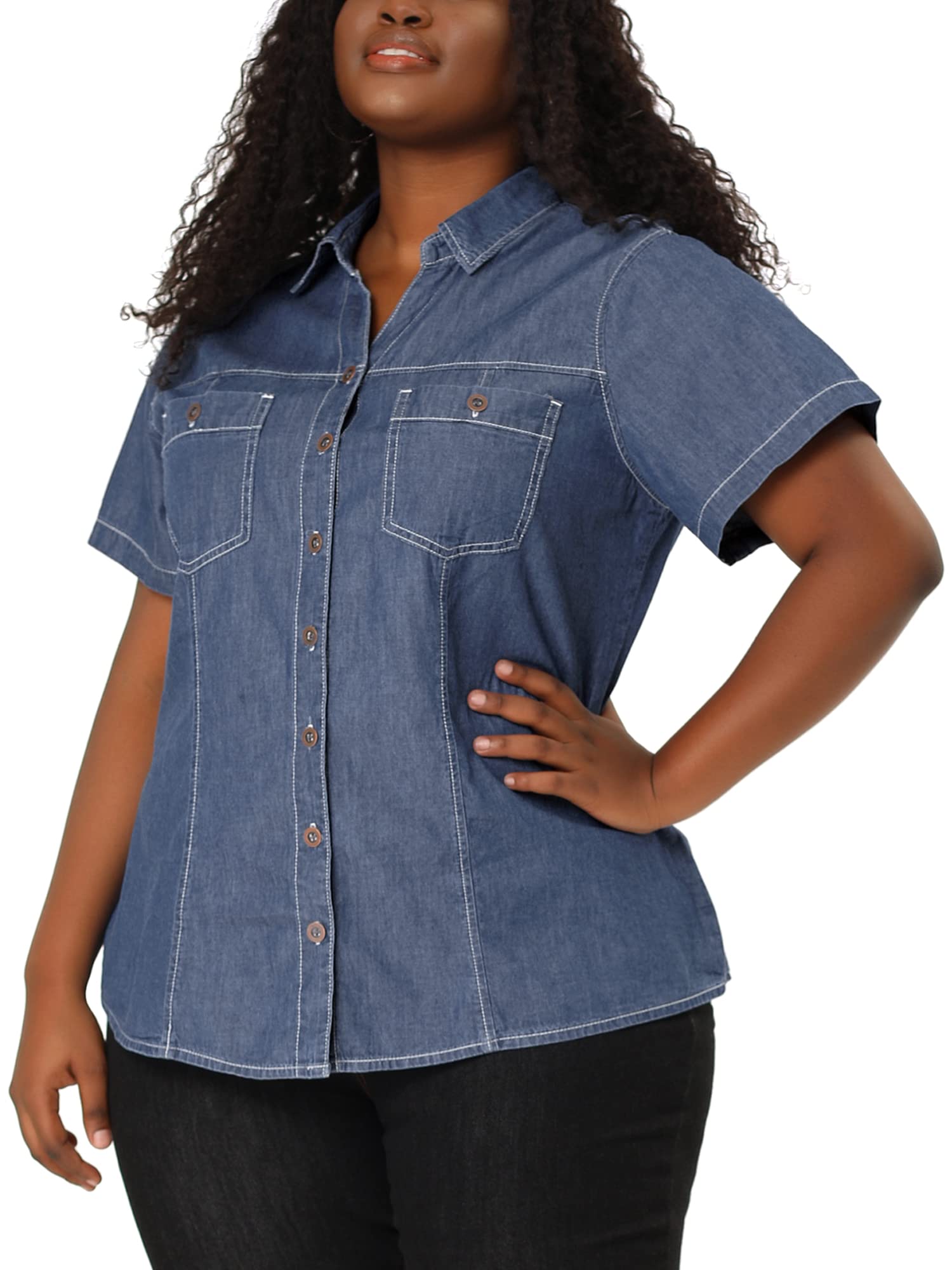 Agnes Orinda Plus Size Denim Shirts for Women - Short Sleeve Chambray Button Down Casual Tops | Comfortable & Stylish for Work, Outings & Everyday Wear