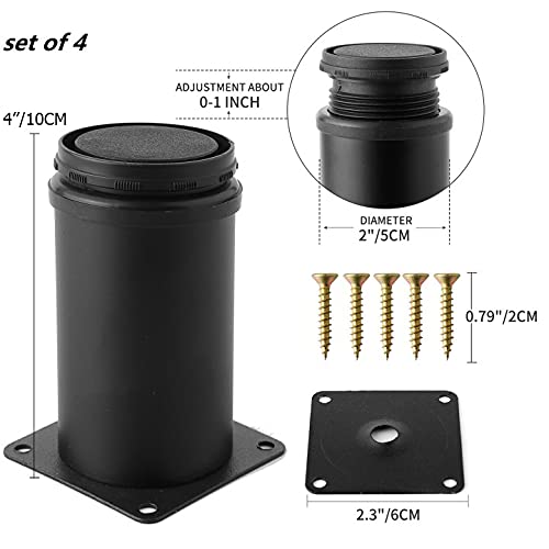 4 Inch Adjustable Metal Table Legs - Heavy Duty Replacement Furniture Legs for Coffee Table, Desk, Workbench - Set of 4 Black - Perfect for Home Office, Living Room & DIY Projects